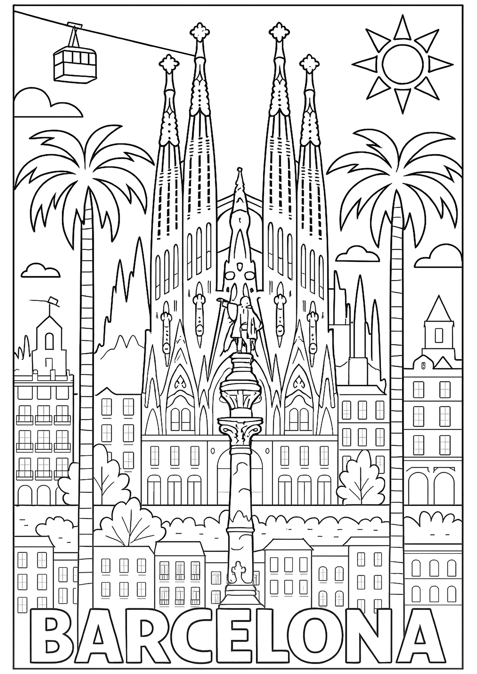 Barcelona und seine Denkmäler (Ausmalbild von Länder, Städte und Denkmäler zum Ausdrucken und Ausmalen für Erwachsene)