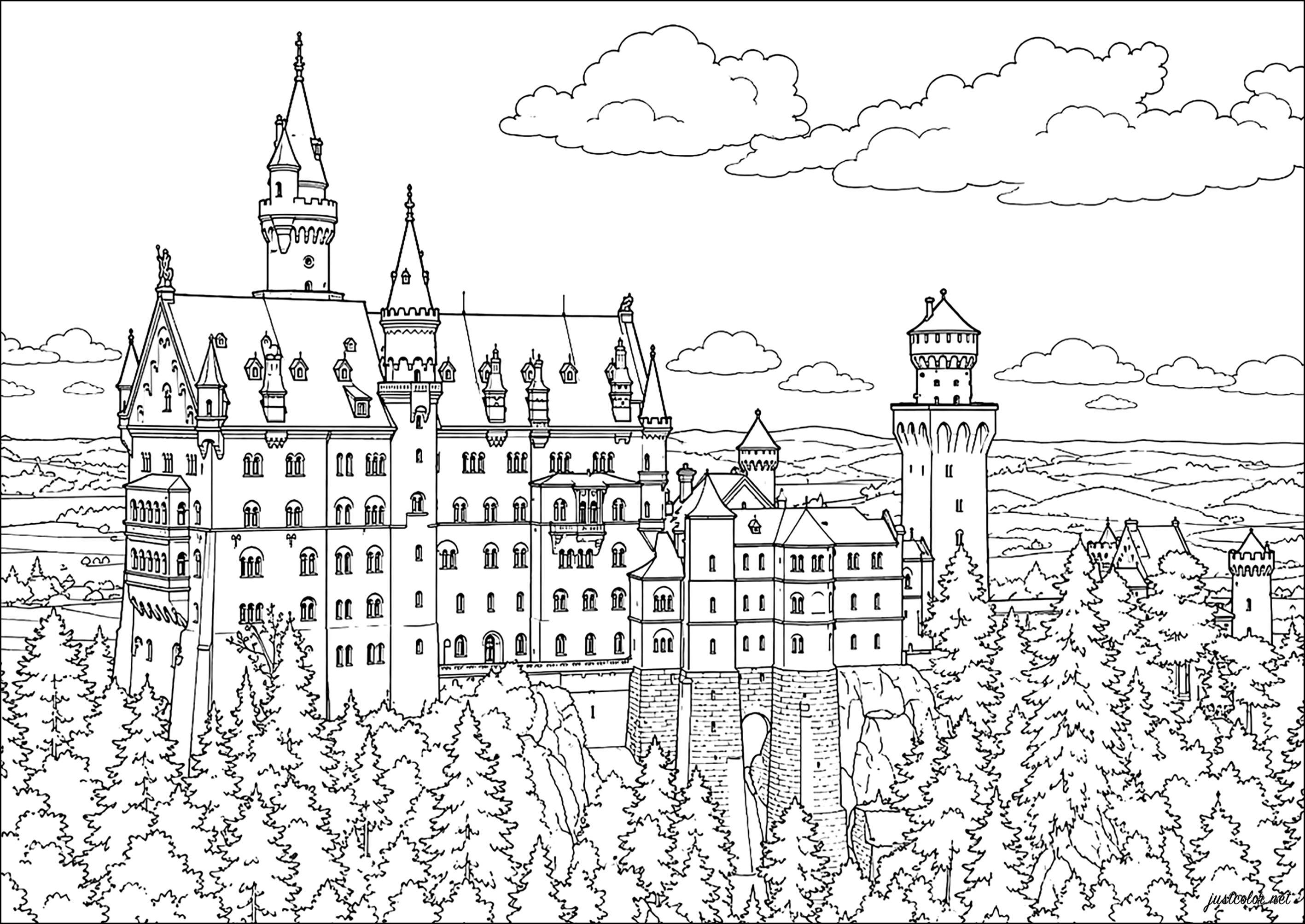 Schloss Neuschwanstein (Deutschland) (Ausmalbild von Länder, Städte und Denkmäler zum Ausdrucken und Ausmalen für Erwachsene)