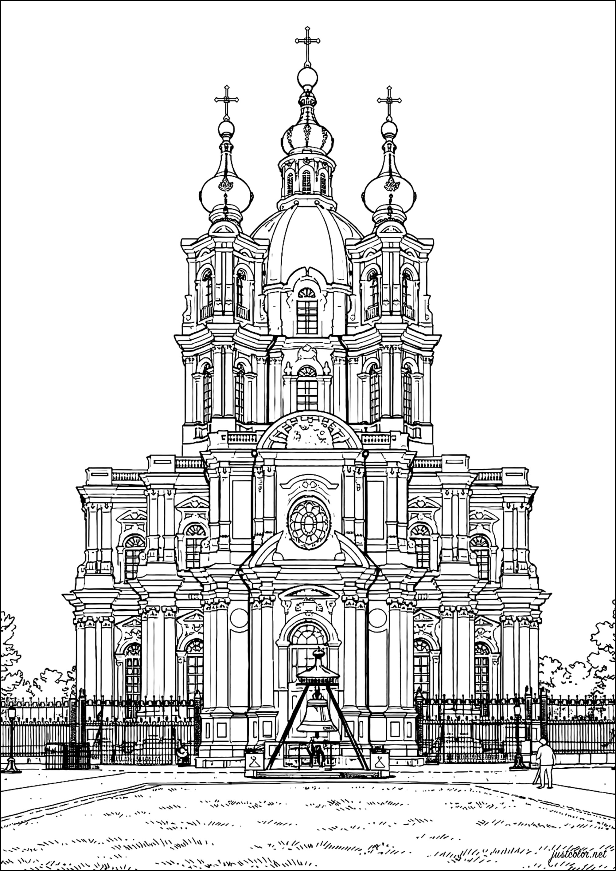Smolny-Kathedrale, Sankt Petersburg - Meisterwerk des russischen Barock (Ausmalbild von Länder, Städte und Denkmäler zum Ausdrucken und Ausmalen für Erwachsene)