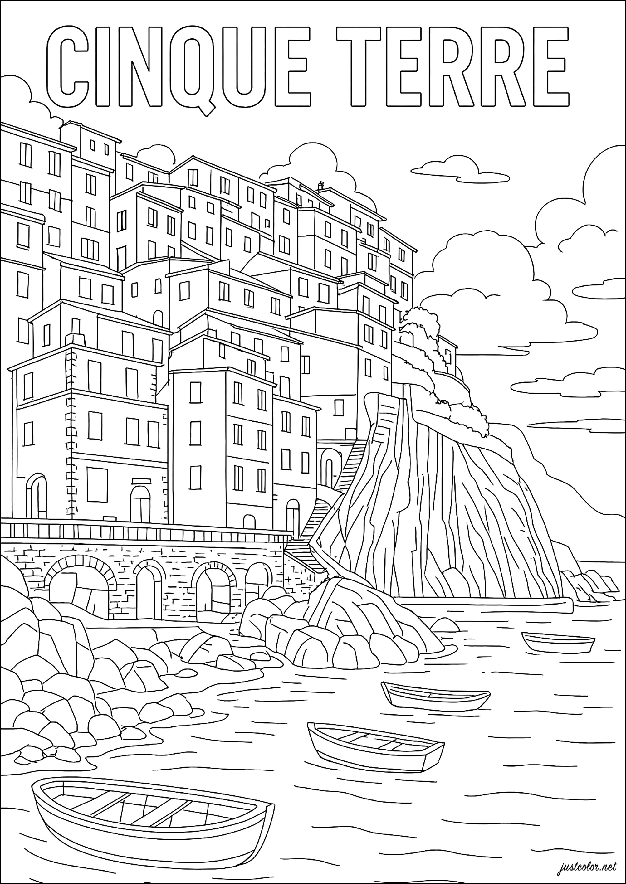 Cinque Terre, Italien, und seine bunten Häuser (Ausmalbild von Architektur, Länder und Städte zum Ausdrucken und Ausmalen für Erwachsene)