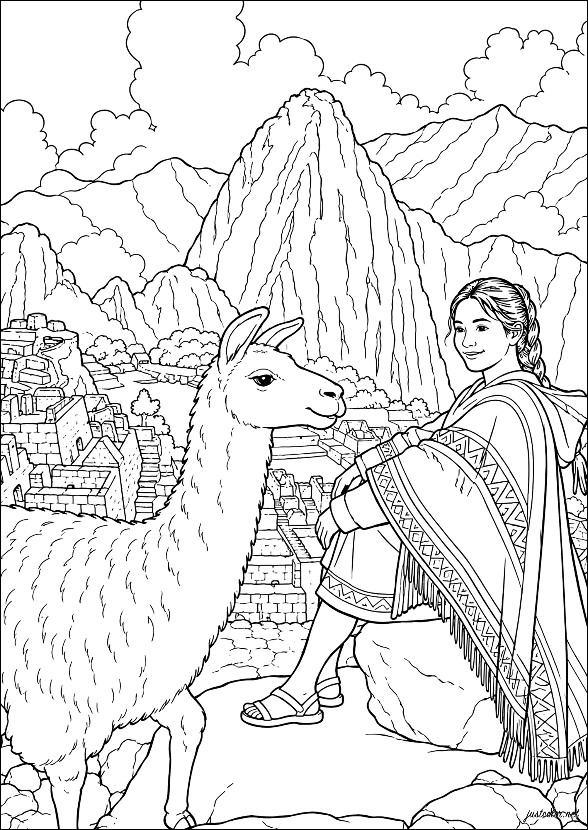Lama und junge peruanische Frau in Machu Picchu (Ausmalbild von Länder, Städte und Denkmäler zum Ausdrucken und Ausmalen für Erwachsene)
