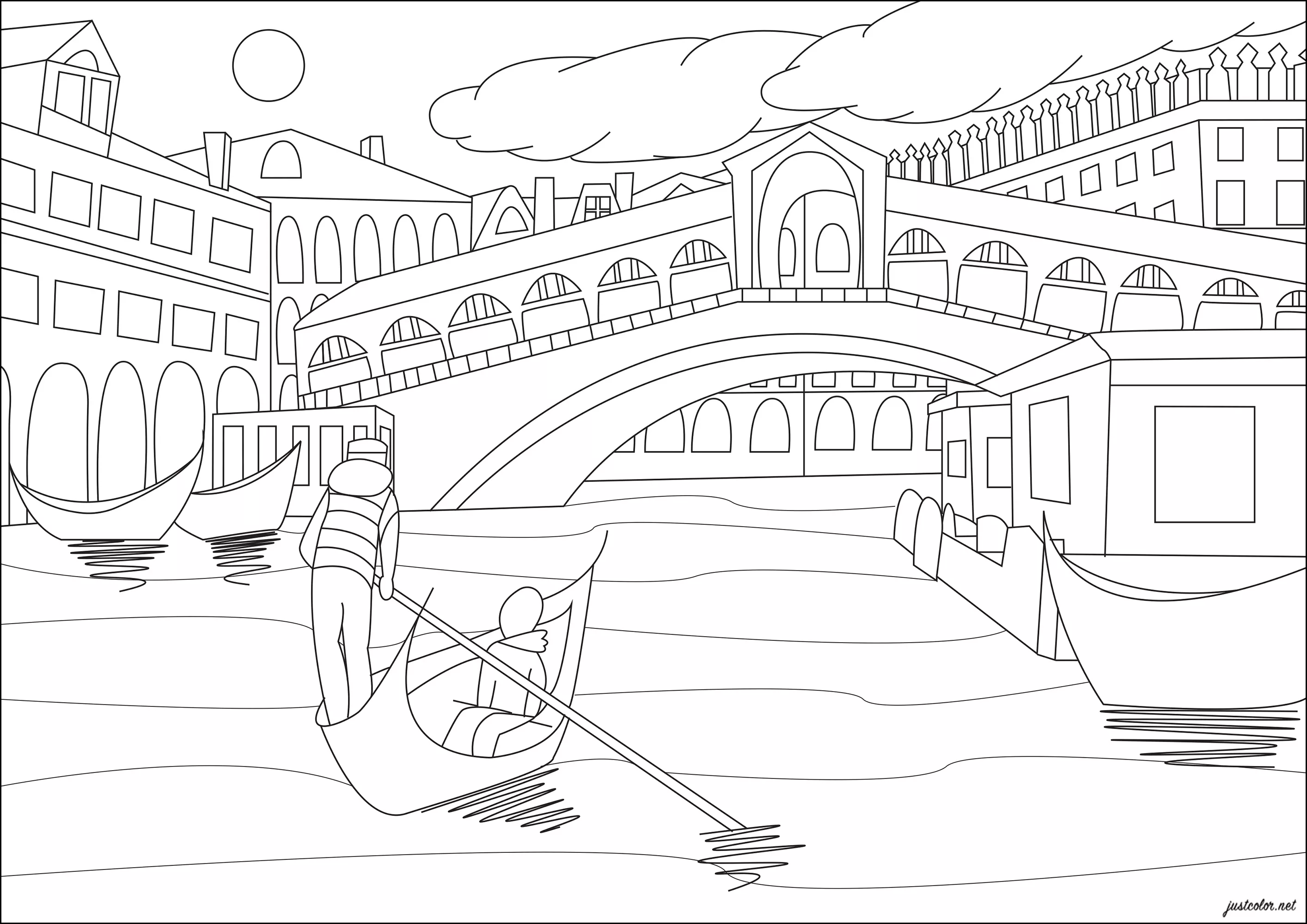Die Rialtobrücke in Venedig (Ausmalbild von Architektur, Länder und Städte zum Ausdrucken und Ausmalen für Erwachsene)