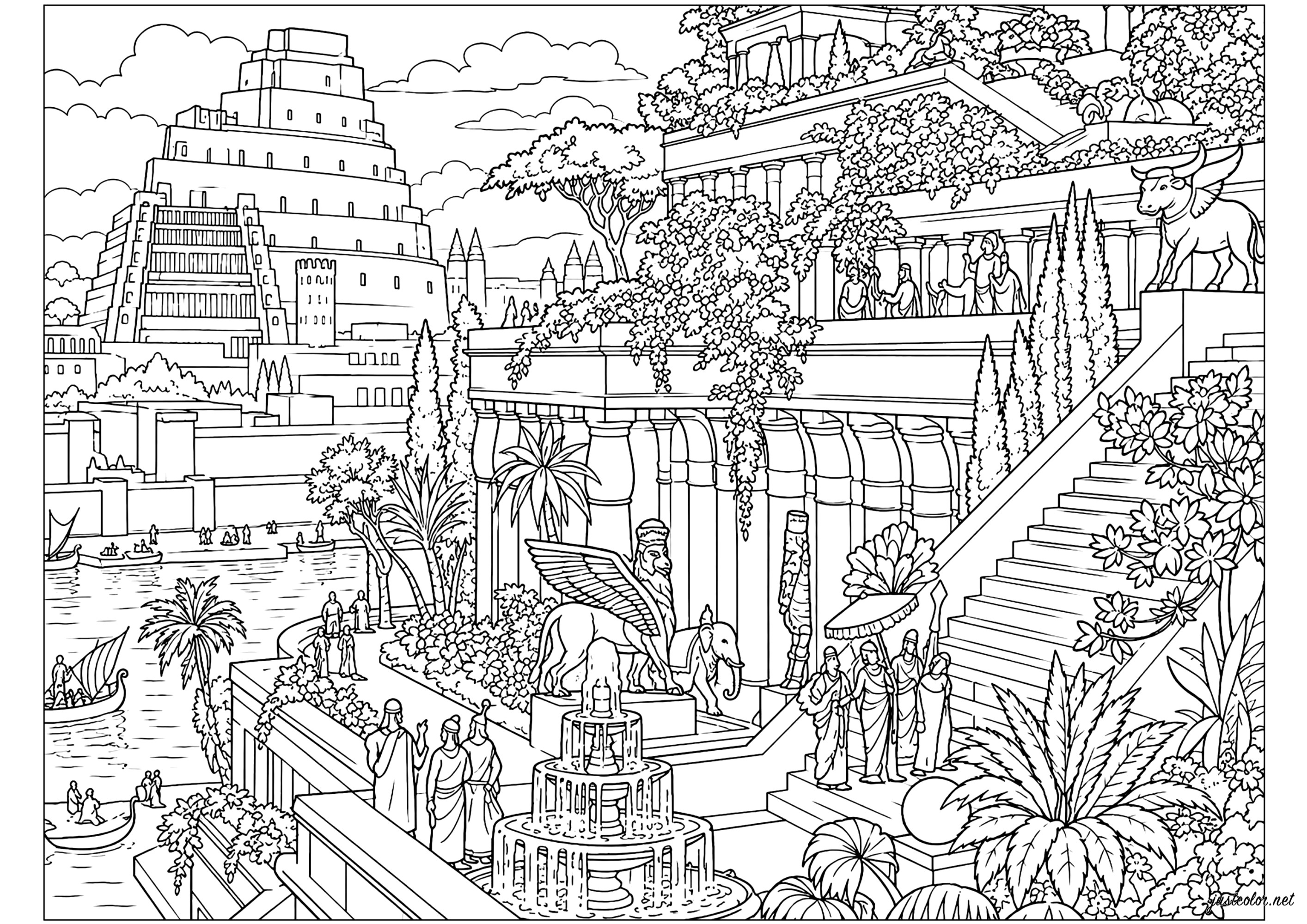 Hängende Gärten des antiken Babylon (Ausmalbild von Länder, Städte und Denkmäler zum Ausdrucken und Ausmalen für Erwachsene)