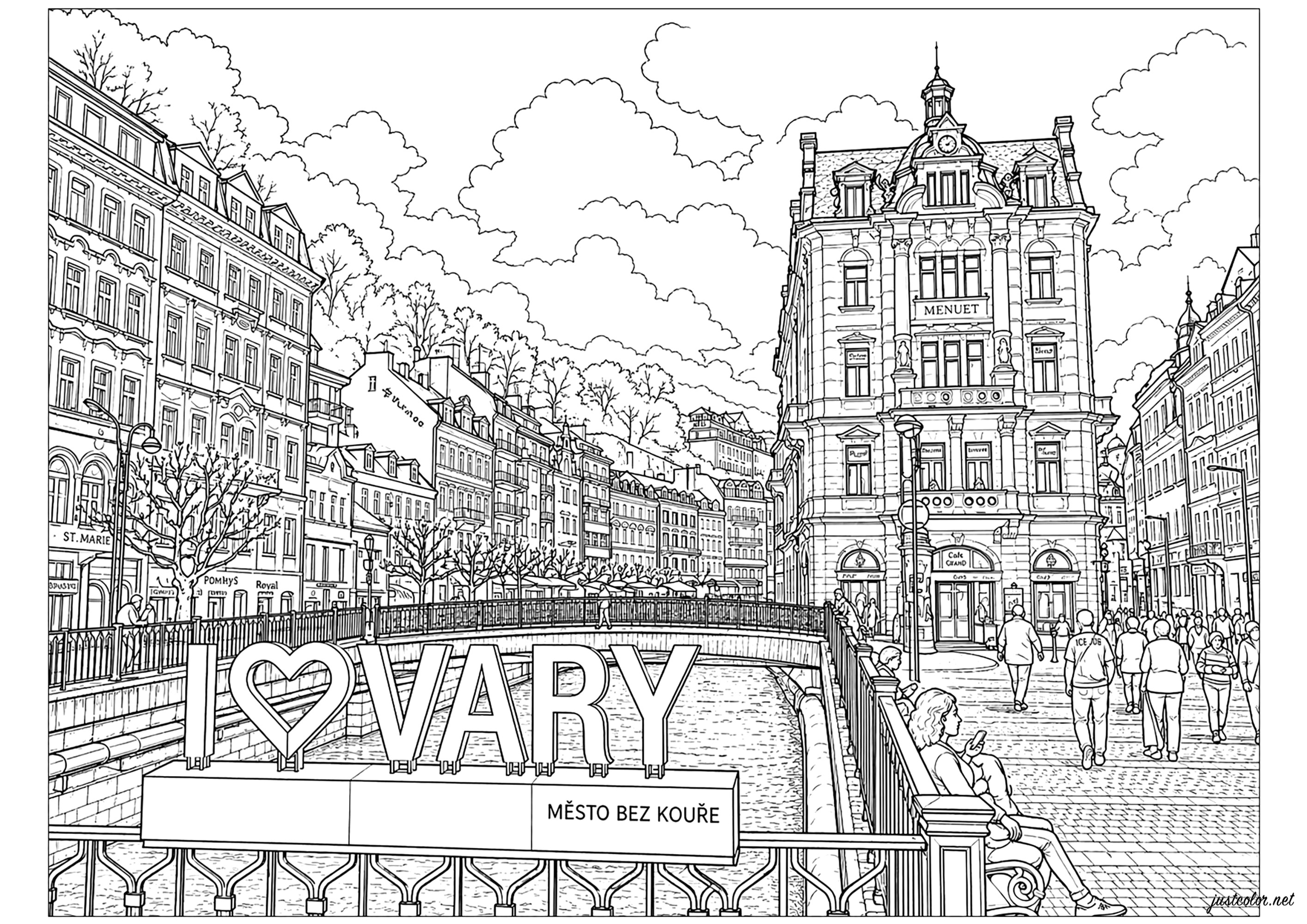 Karlstadt und seine berühmte Brücke im Herzen der Thermalstadt (Ausmalbild von Länder, Städte und Denkmäler zum Ausdrucken und Ausmalen für Erwachsene)