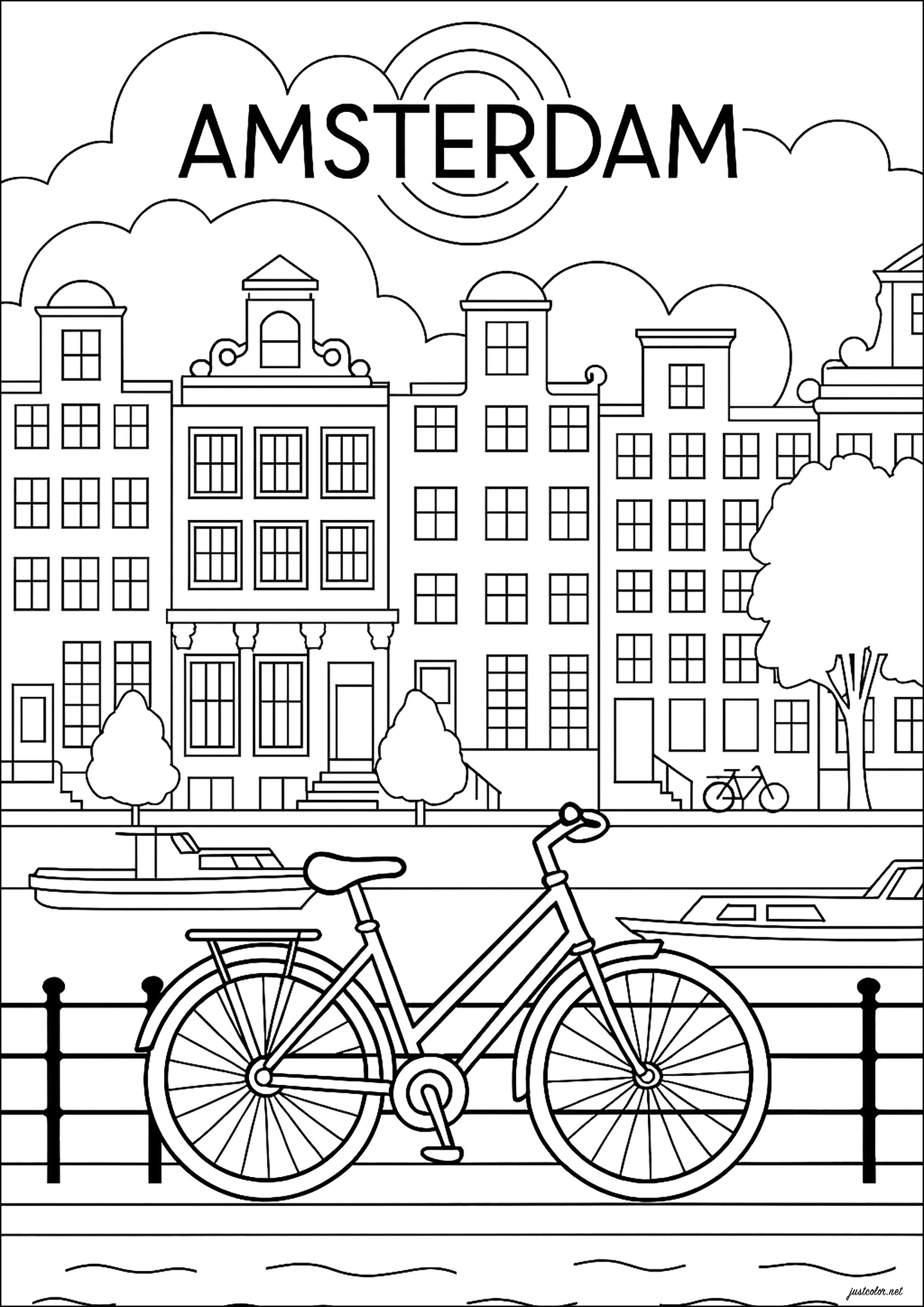 Amsterdam (Niederlande): schöne Häuser, Kanäle und ein Fahrrad (Ausmalbild von Länder, Städte und Denkmäler zum Ausdrucken und Ausmalen für Erwachsene)