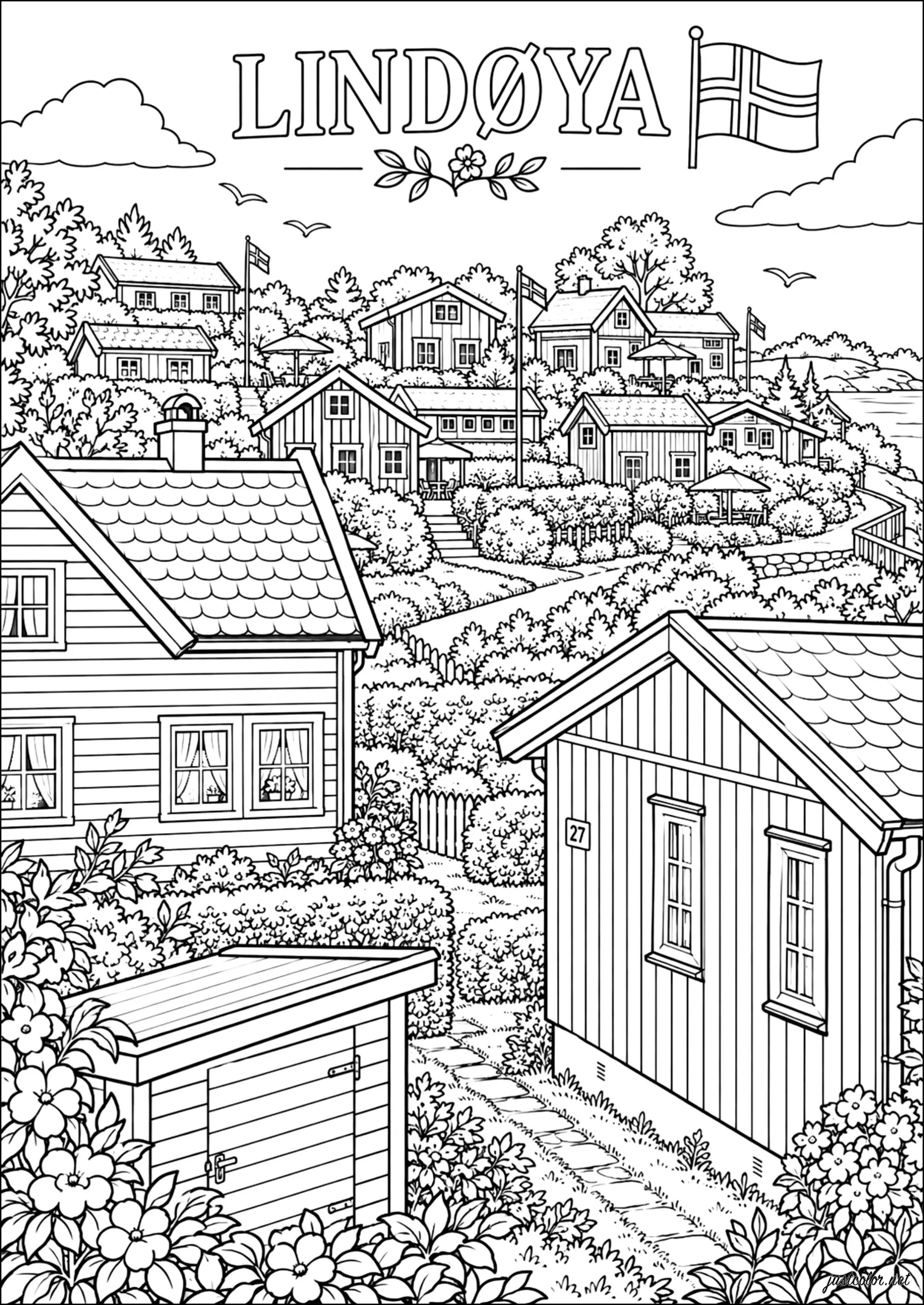 Häuser auf einem Hügel auf Lindøya (Norwegen) (Ausmalbild von Länder, Städte und Denkmäler zum Ausdrucken und Ausmalen für Erwachsene)