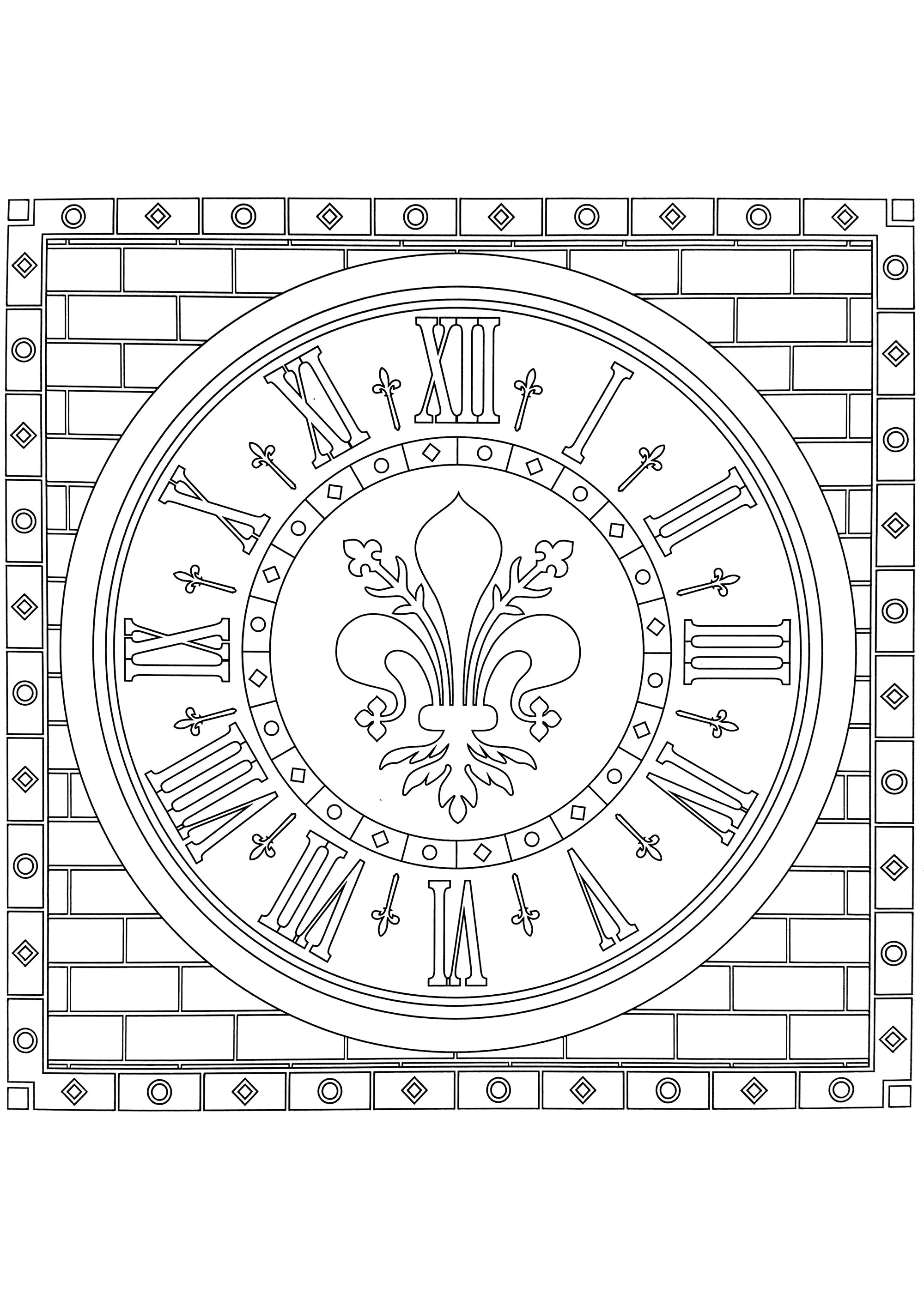 Uhr mit roter Fleur de Lys (Symbol von Florenz) (Ausmalbild von Architektur, Länder und Städte zum Ausdrucken und Ausmalen für Erwachsene)