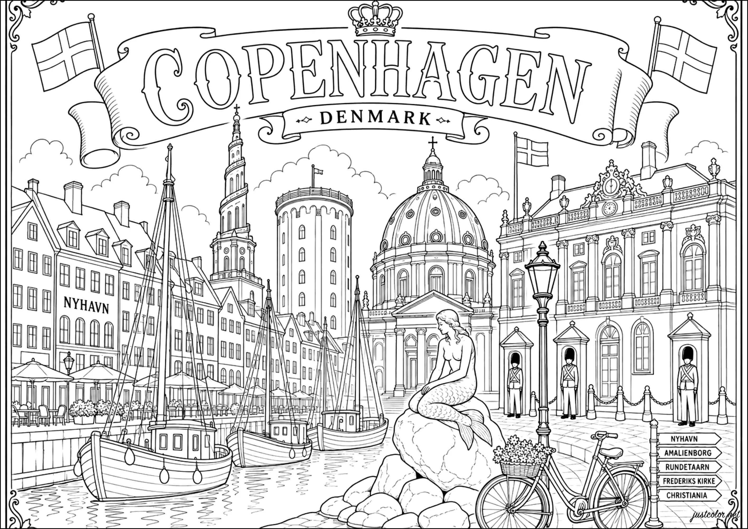 Kopenhagen, Hauptstadt Dänemarks, und seine ikonischen Wahrzeichen (Ausmalbild von Länder, Städte und Denkmäler zum Ausdrucken und Ausmalen für Erwachsene)