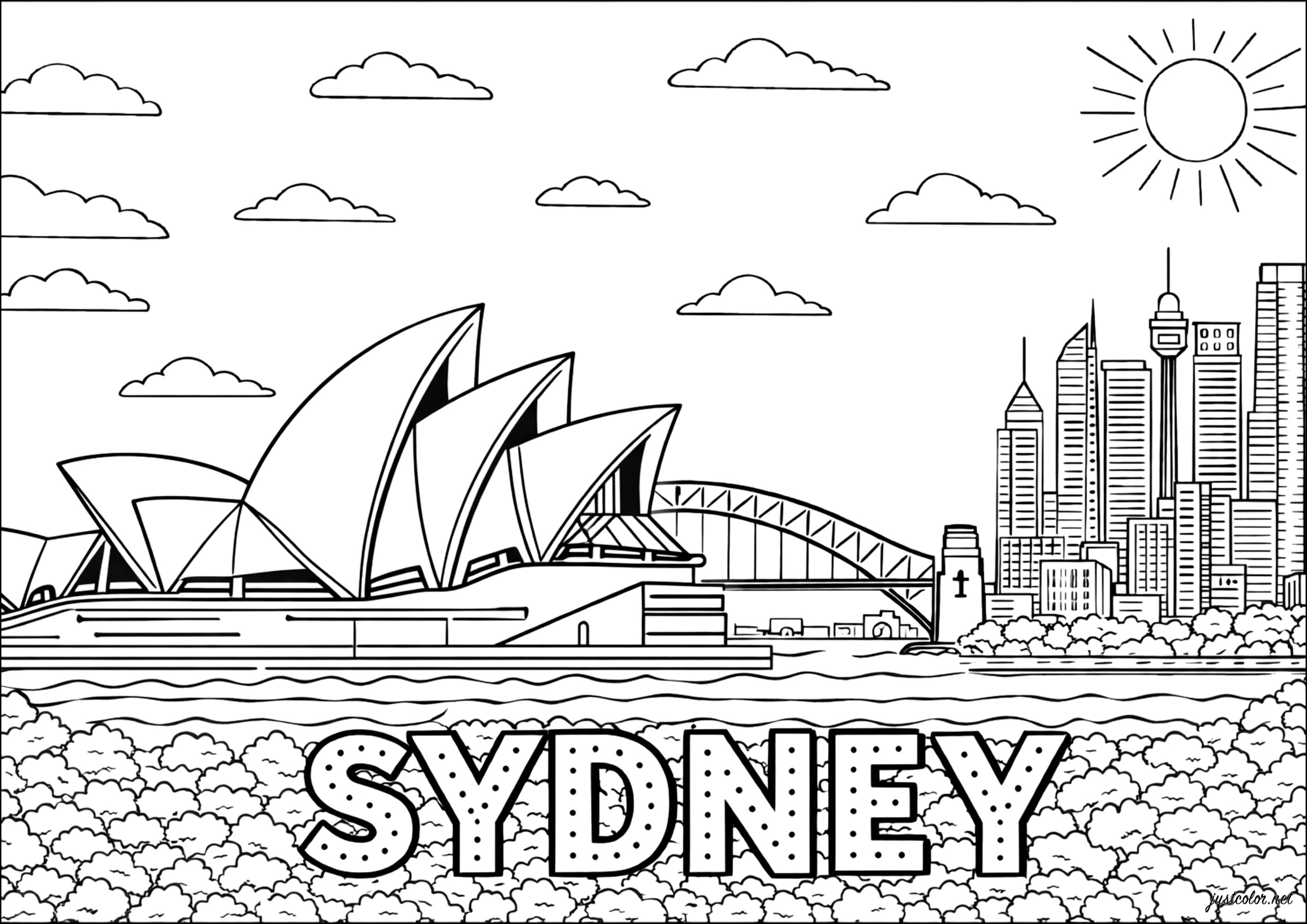 Ikonische Aussicht auf den Sydney Harbour (Ausmalbild von Architektur, Länder und Städte zum Ausdrucken und Ausmalen für Erwachsene)