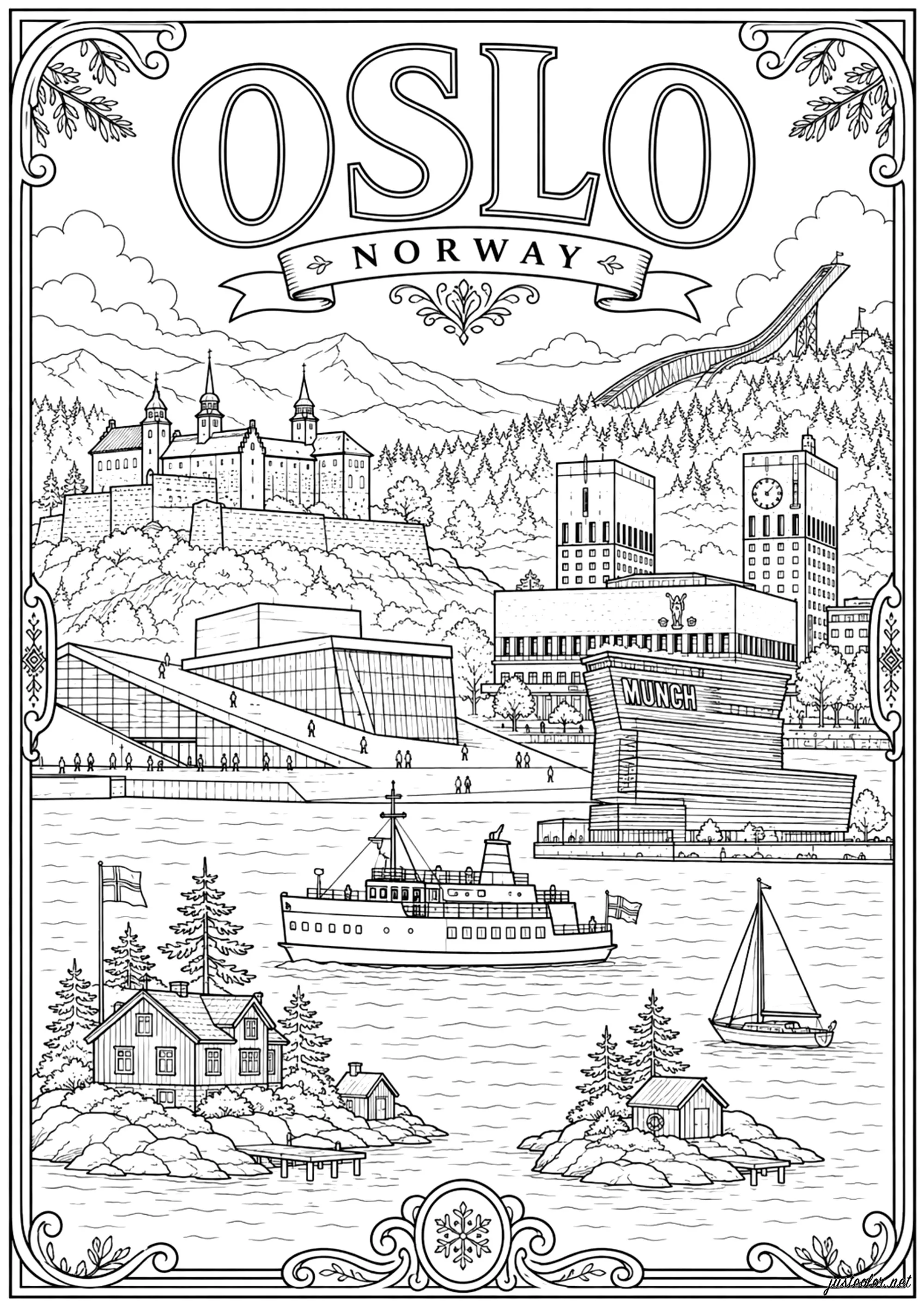 Oslo, Hauptstadt von Norwegen (Ausmalbild von Länder, Städte und Denkmäler zum Ausdrucken und Ausmalen für Erwachsene)