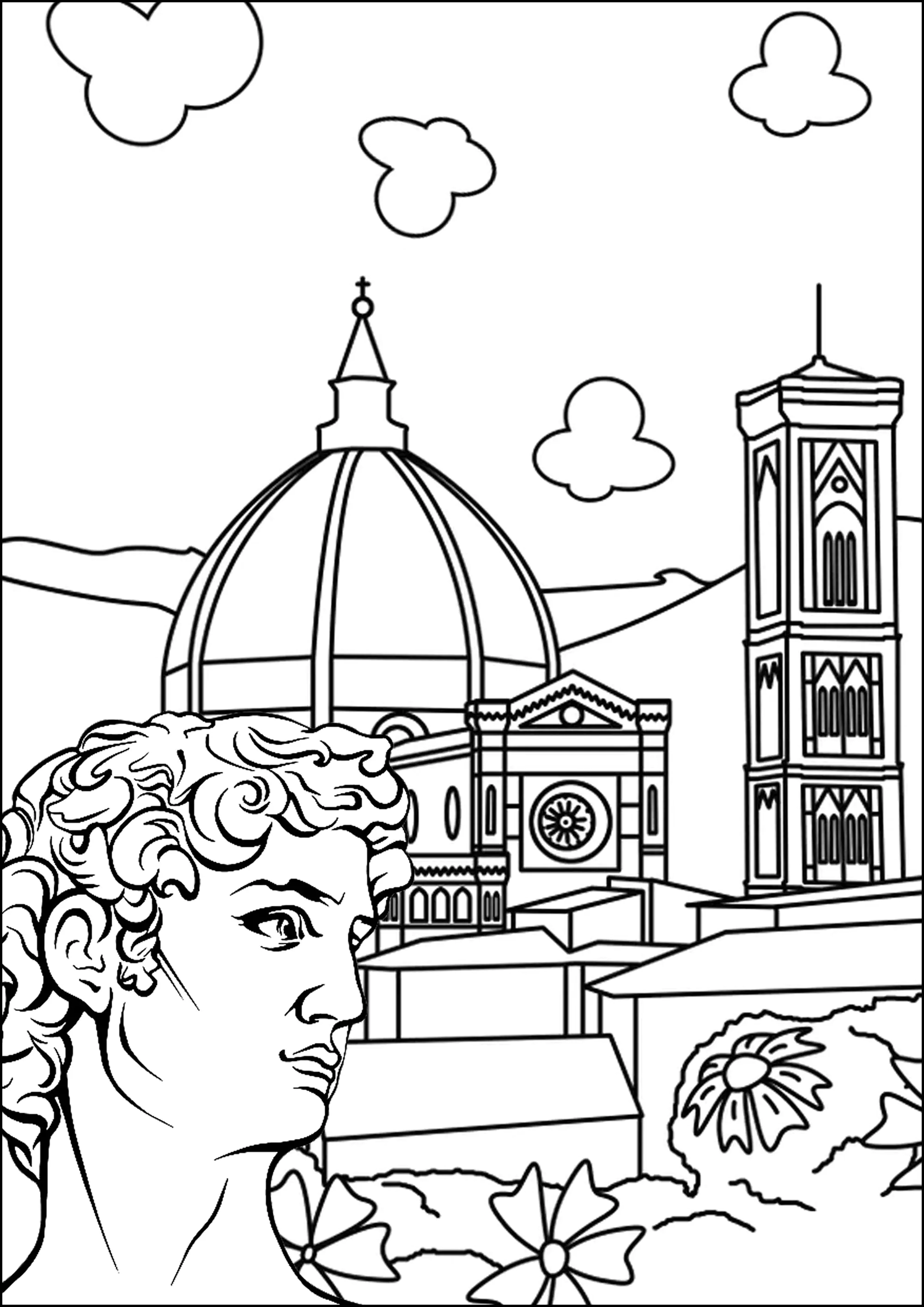 Kathedrale Santa Maria del Fiore und der David von Michelangelo, Florenz (Ausmalbild von Architektur, Länder und Städte zum Ausdrucken und Ausmalen für Erwachsene)