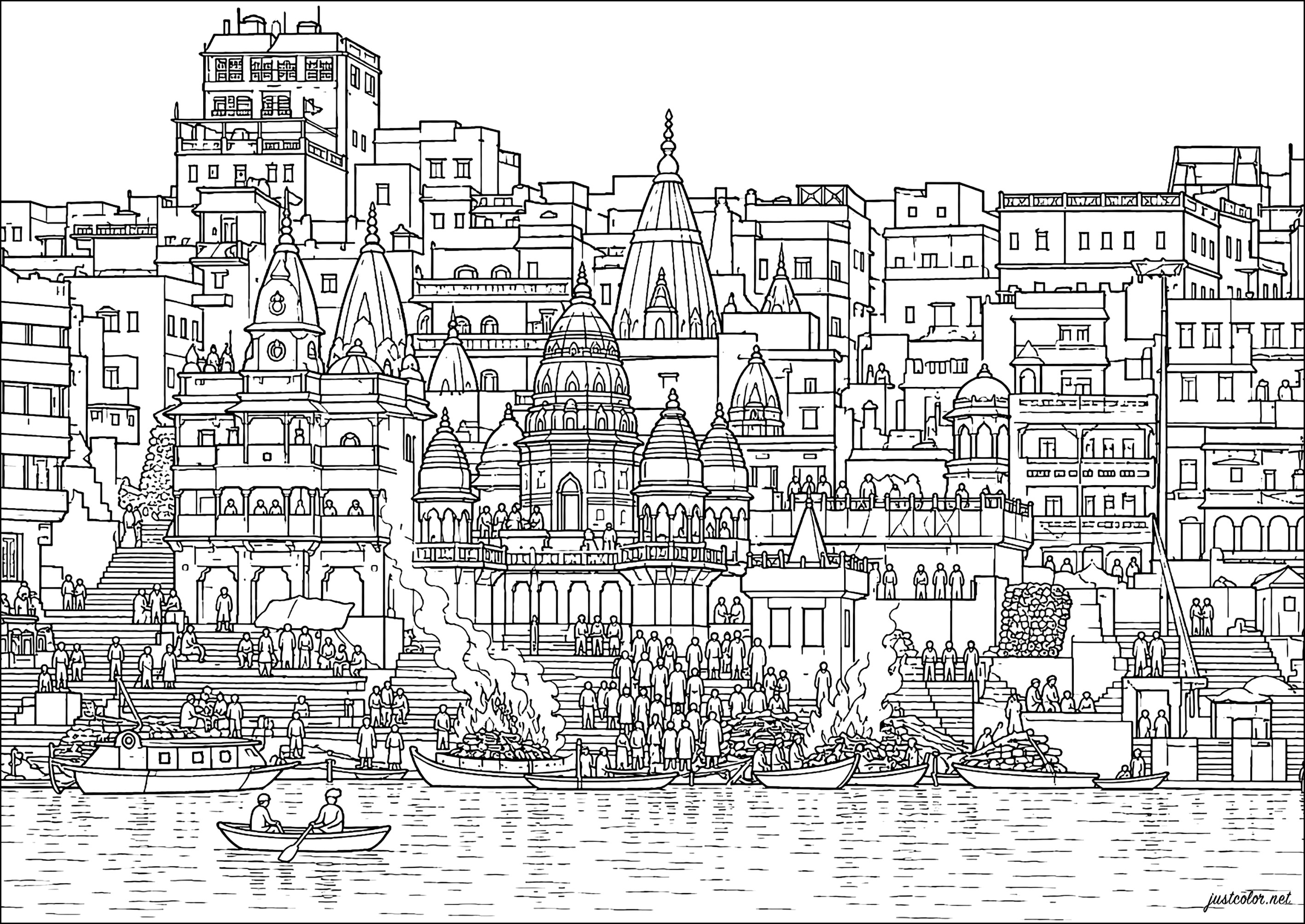 Die Ghats von Varanasi am Ganges (Ausmalbild von Länder, Städte und Denkmäler zum Ausdrucken und Ausmalen für Erwachsene)