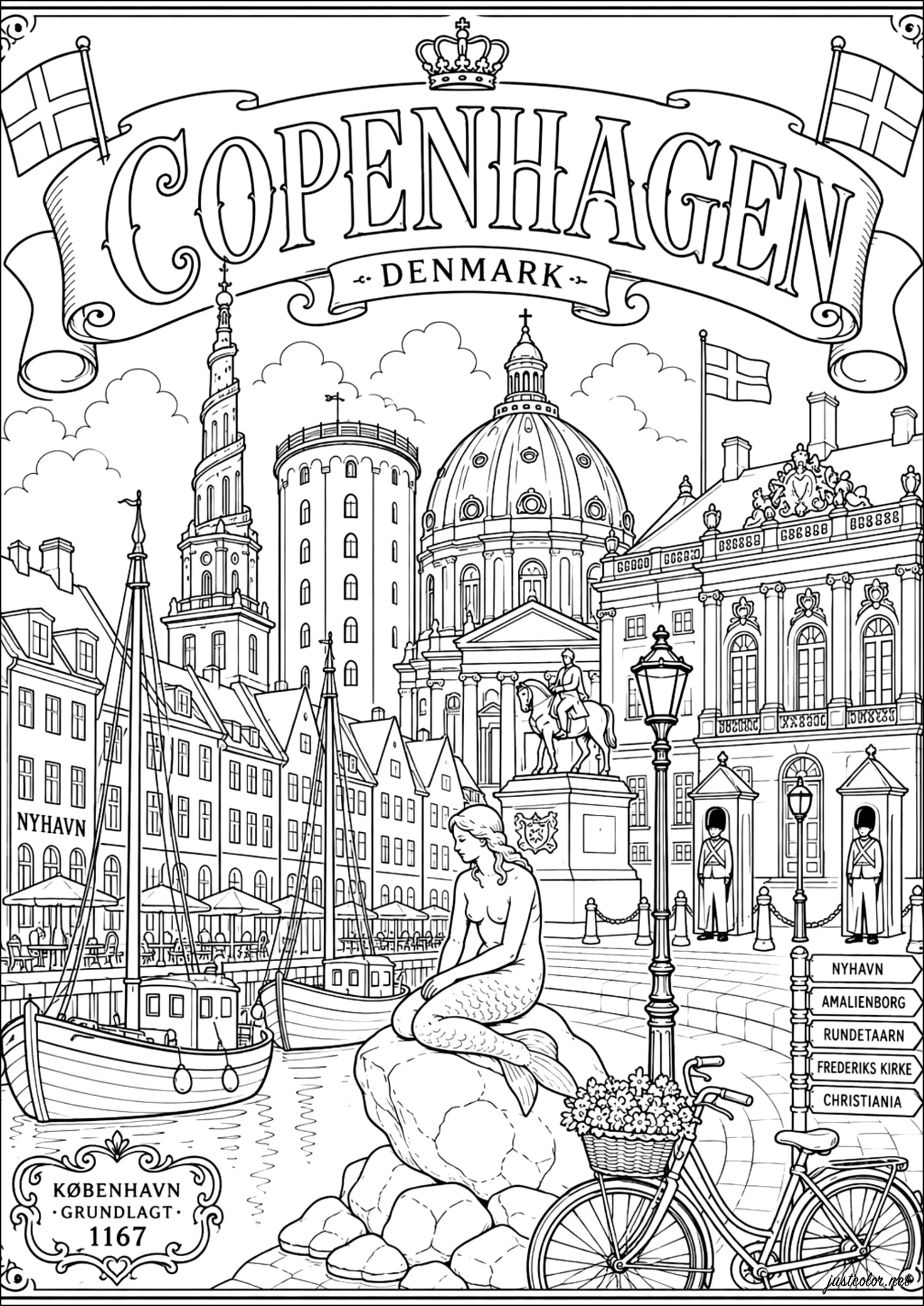 Kopenhagen - Zwischen Kanälen, Palästen und Wahrzeichen (Ausmalbild von Länder, Städte und Denkmäler zum Ausdrucken und Ausmalen für Erwachsene)