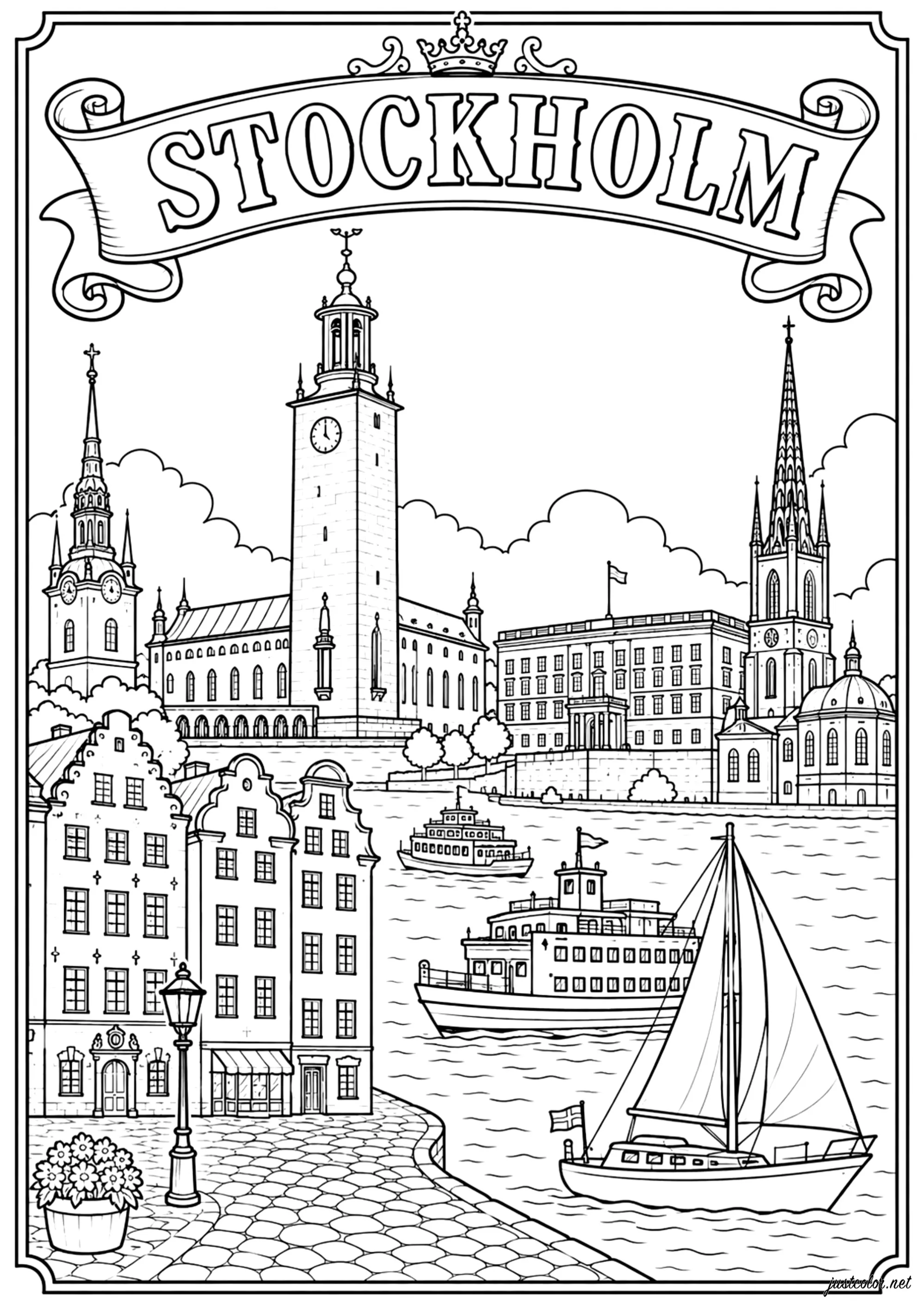 Stockholm, die Hauptstadt Schwedens, und ihre Uferpromenade (Ausmalbild von Länder, Städte und Denkmäler zum Ausdrucken und Ausmalen für Erwachsene)