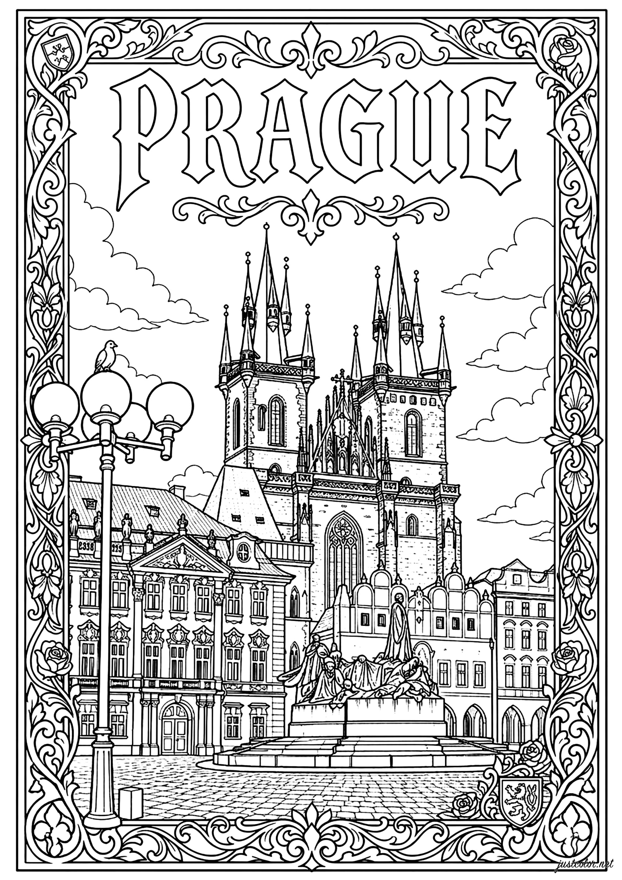 Altstädter Ring und St.-Agnes-Kirche in Prag (Ausmalbild von Länder, Städte und Denkmäler zum Ausdrucken und Ausmalen für Erwachsene)