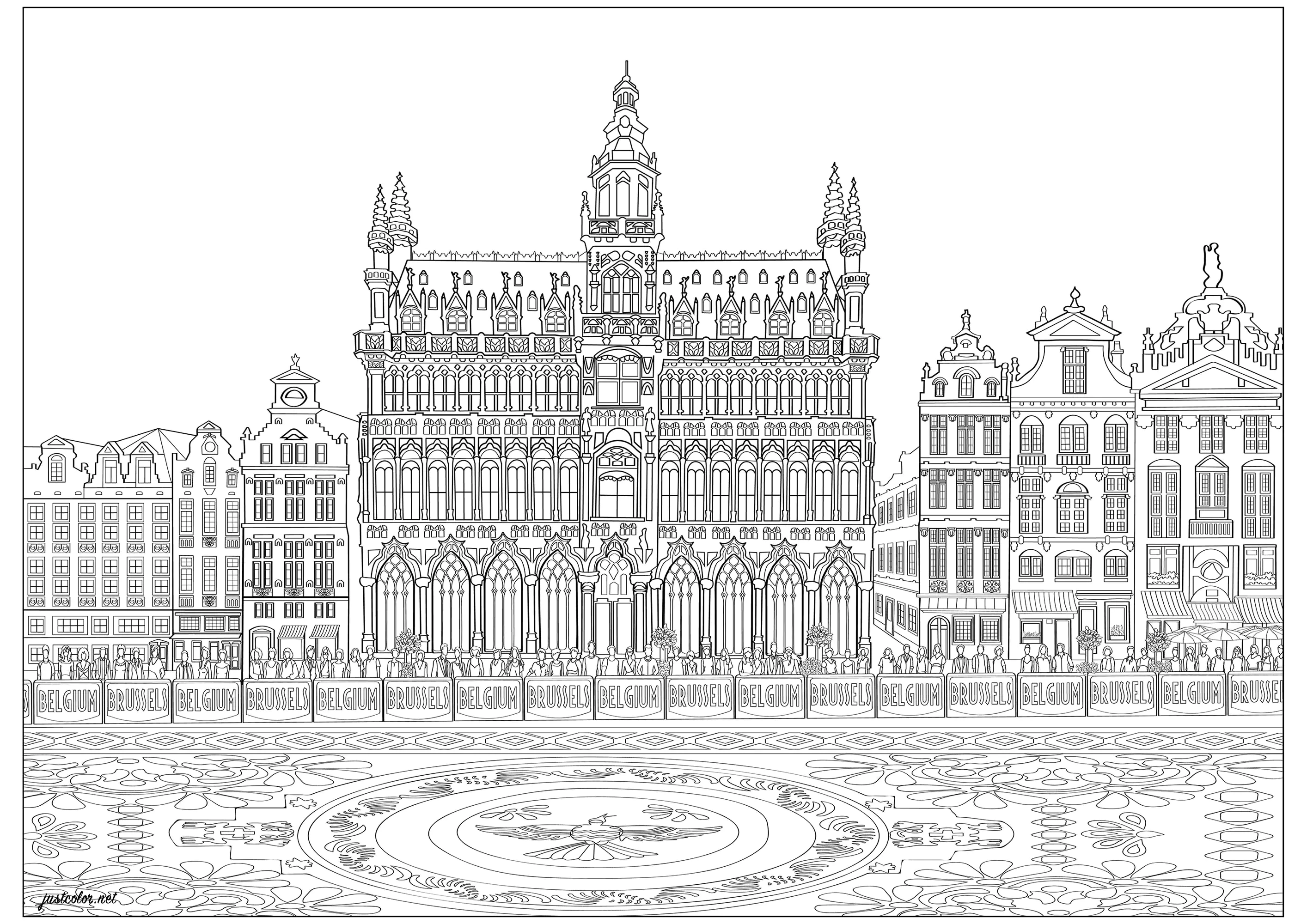 Grand Place von Brüssel (Version 1) (Ausmalbild von Architektur, Länder und Städte zum Ausdrucken und Ausmalen für Erwachsene)