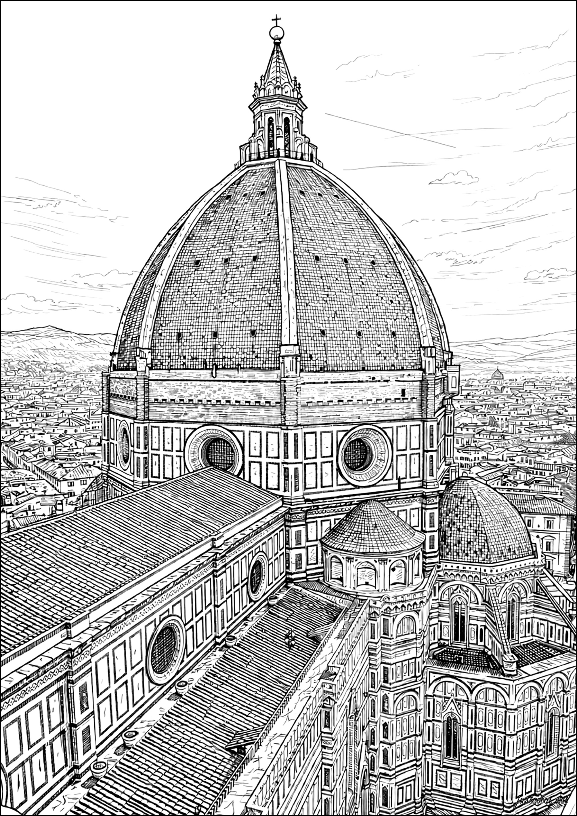 Majestätisches Panorama des Florentiner Doms (Duomo) (Ausmalbild von Architektur, Länder und Städte zum Ausdrucken und Ausmalen für Erwachsene)