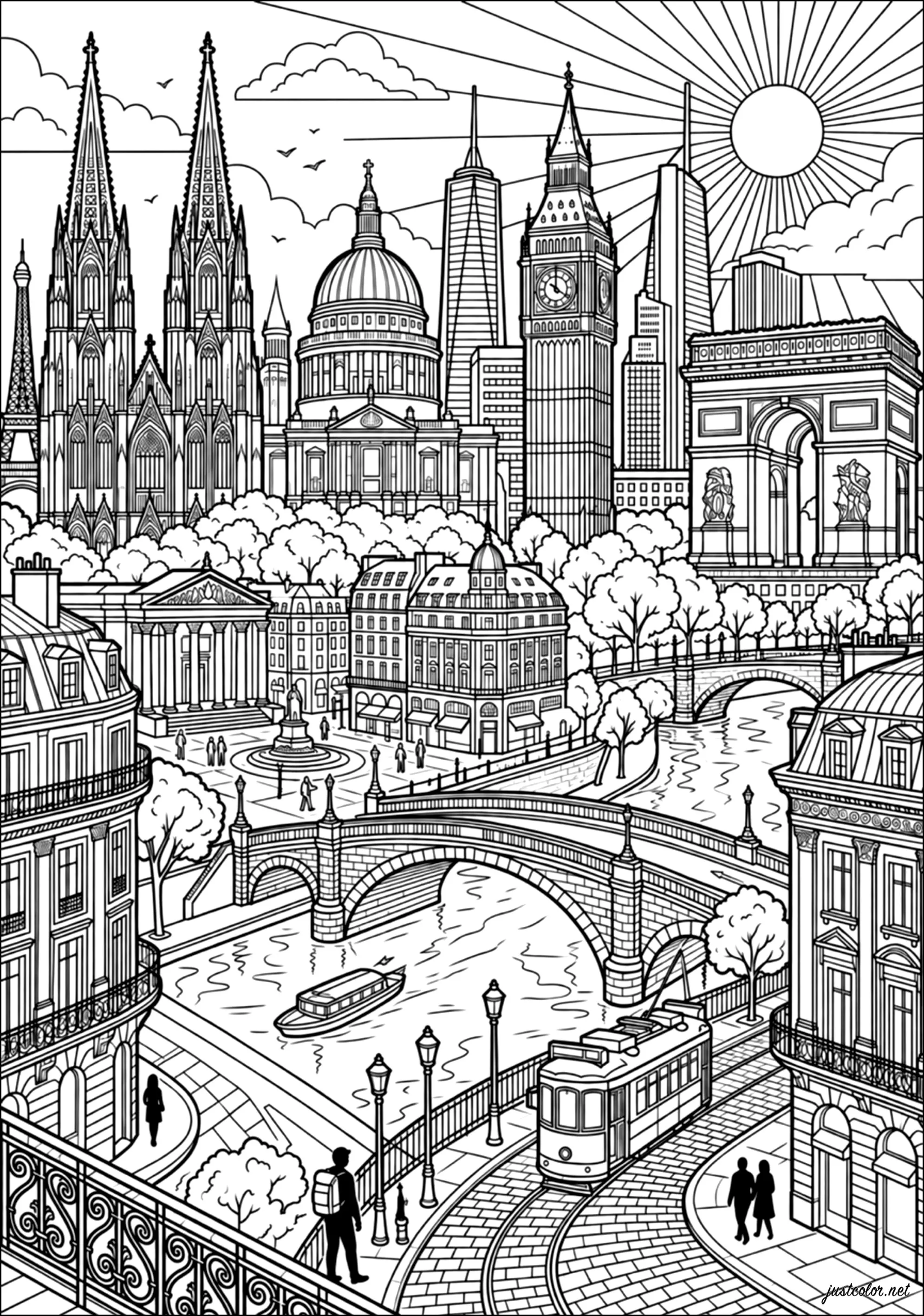Berühmte Denkmäler und imaginäre Stadtlandschaft (Ausmalbild von Länder, Städte und Denkmäler zum Ausdrucken und Ausmalen für Erwachsene)