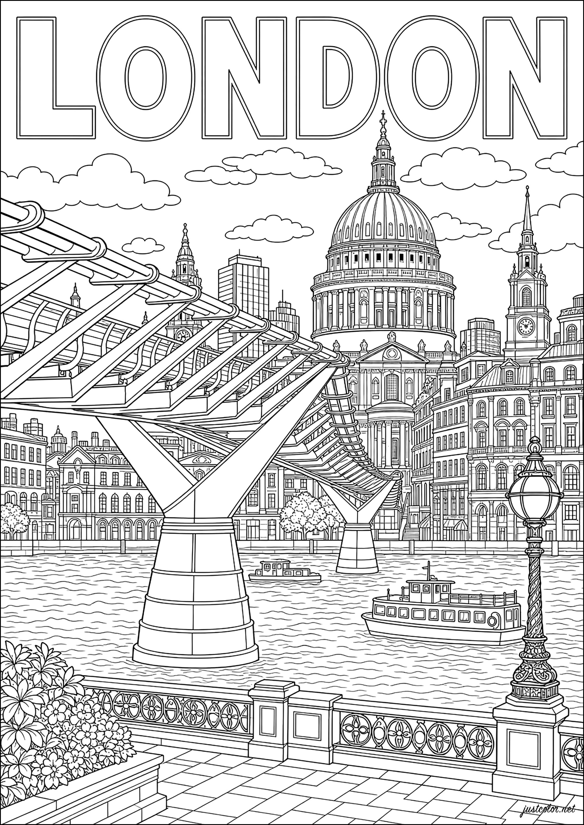 Panoramablick auf London, Vereinigtes Königreich (Ausmalbild von Länder, Städte und Denkmäler zum Ausdrucken und Ausmalen für Erwachsene)