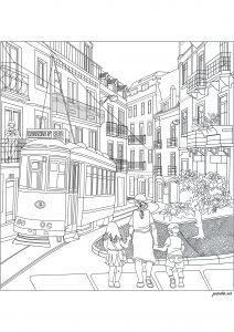 Lissabon: Stadtteil Amalfa und Straßenbahnlinie 28 (Ausmalbild von Architektur, Länder und Städte)
