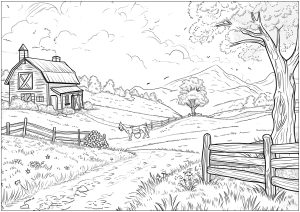 Landschaft auf dem Bauernhof (Ausmalbild von Architektur, Länder und Städte)