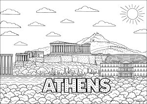 Majestätisches Panorama von Athen und der antiken Akropolis (Ausmalbild von Architektur, Länder und Städte)