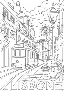 Lissabon: eine typische Straßenbahn, die durch die schönen Straßen der Stadt fährt (Ausmalbild von Architektur, Länder und Städte)