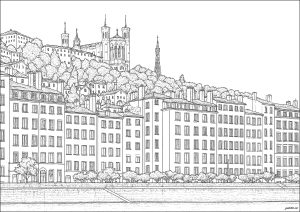 Lyon: die Rhone und die Basilika Notre-Dame de Fourvière (Frankreich) (Ausmalbild von Architektur & Zuhause)
