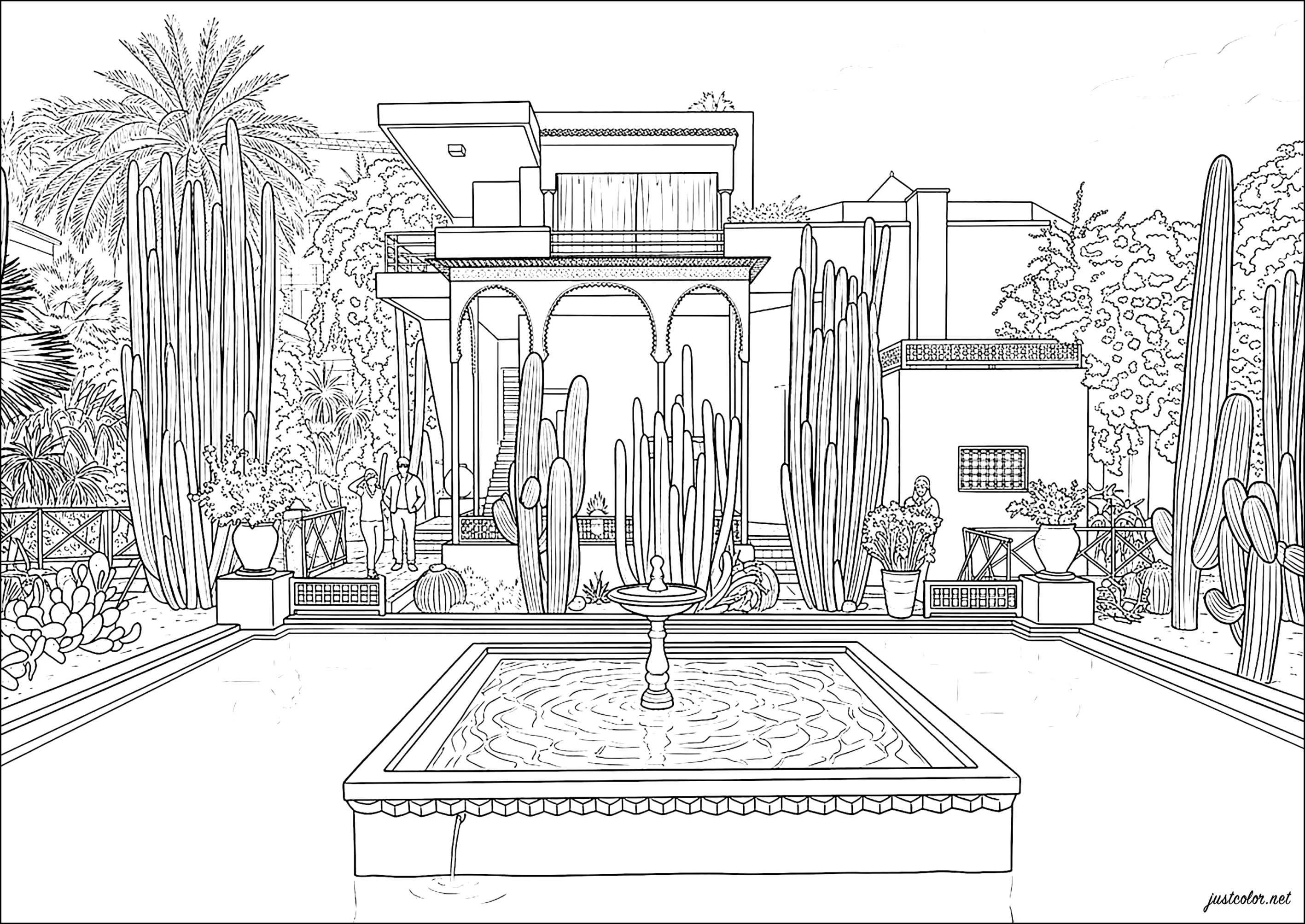 Jardin Majorelle in Marrakesch – Eine Oase aus Kakteen und ein beruhigender Brunnen (Ausmalbild von Architektur zum Ausdrucken und Ausmalen für Erwachsene)