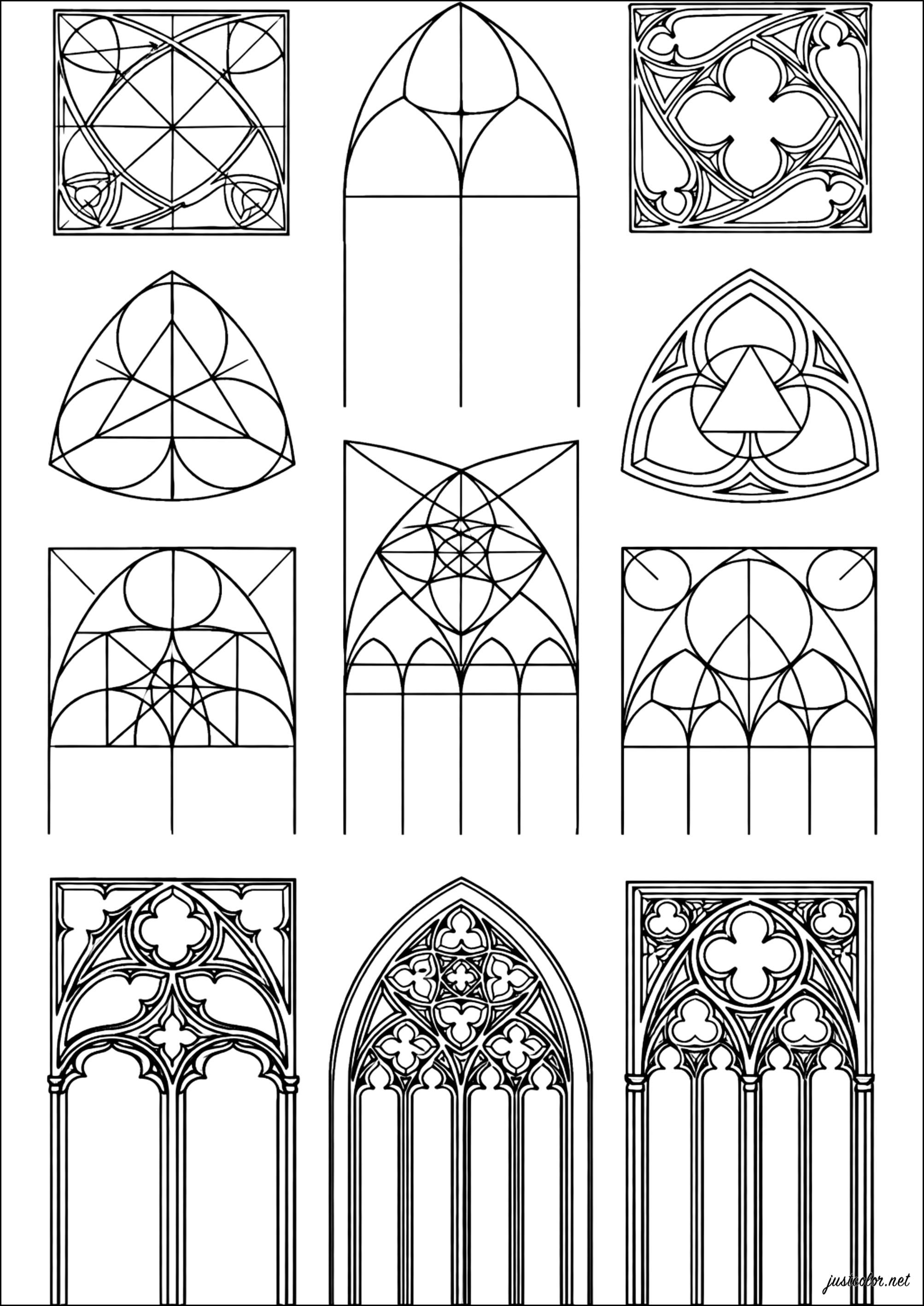 Gotische Architekturelemente (Ausmalbild von Architektur zum Ausdrucken und Ausmalen für Erwachsene)