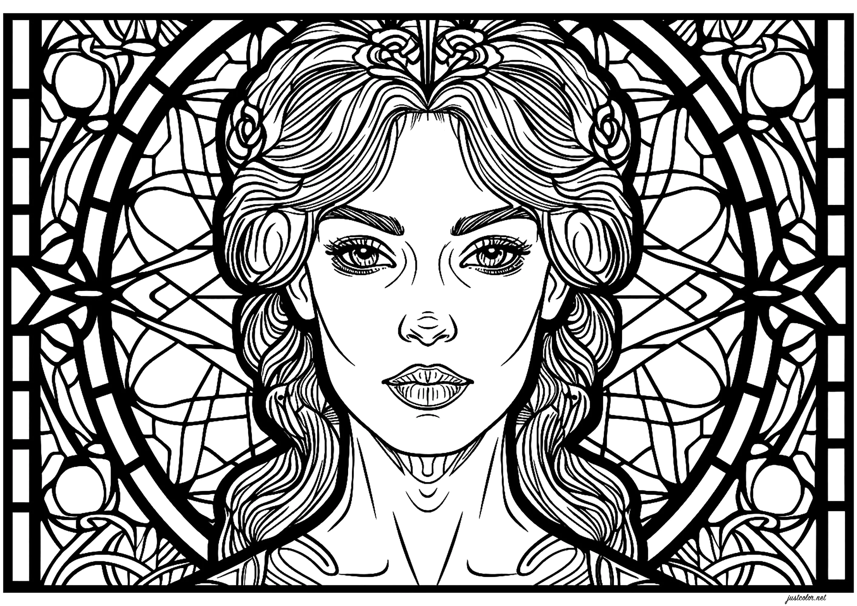 Frauengesicht in einem Art-Déco-Glasfenster (Ausmalbild von Art deco zum Ausdrucken und Ausmalen für Erwachsene)