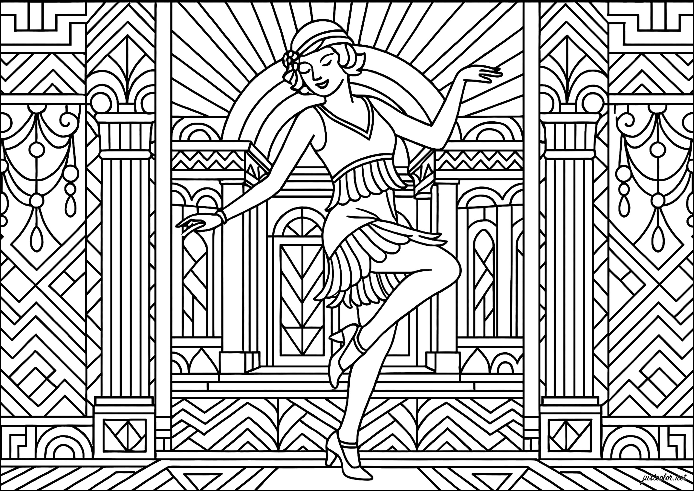 Eine Tänzerin der 1920er Jahre in einem Art-Déco-Ambiente (Ausmalbild von Art deco zum Ausdrucken und Ausmalen für Erwachsene)