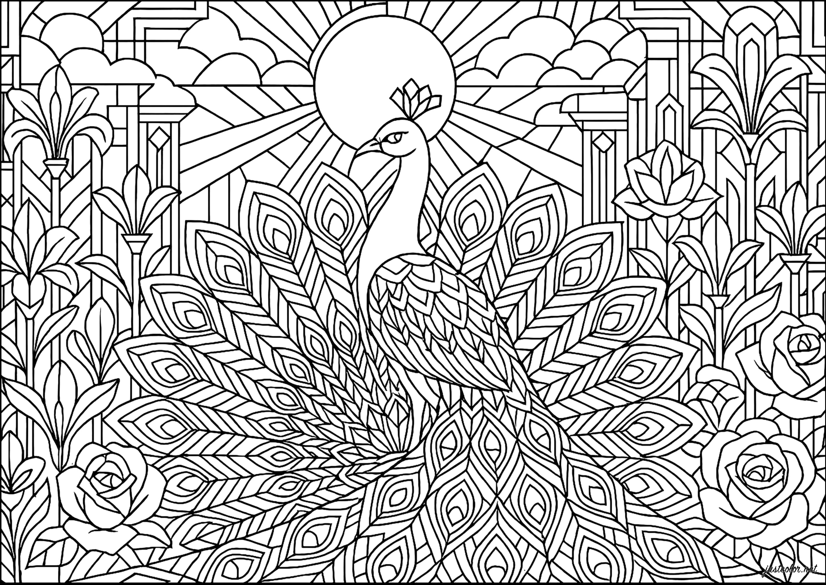 Majestätischer Art-Deco-Pfau (Ausmalbild von Art deco zum Ausdrucken und Ausmalen für Erwachsene)