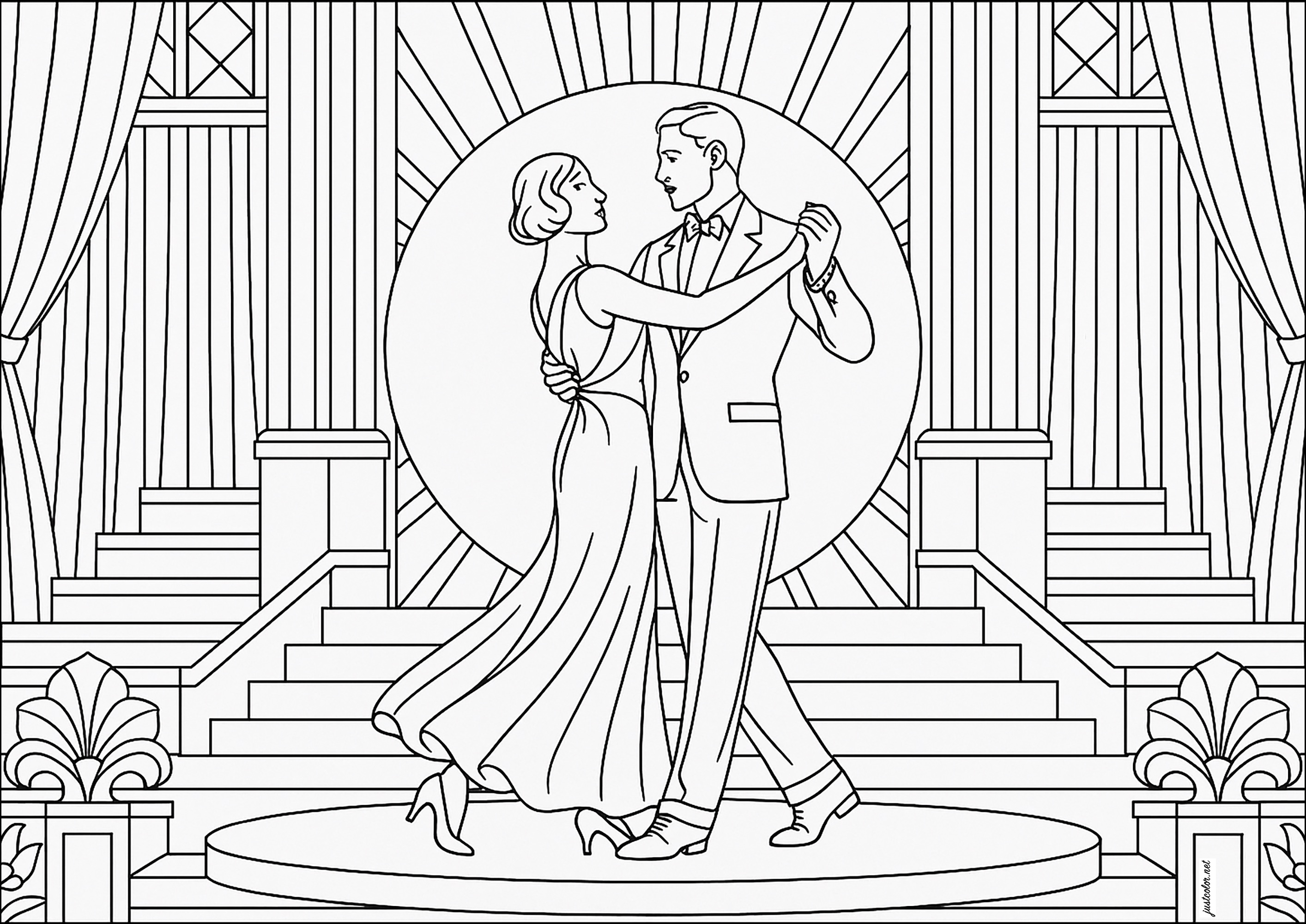 Tänzerin in einer prachtvollen Kulisse (Ausmalbild von Art deco zum Ausdrucken und Ausmalen für Erwachsene)