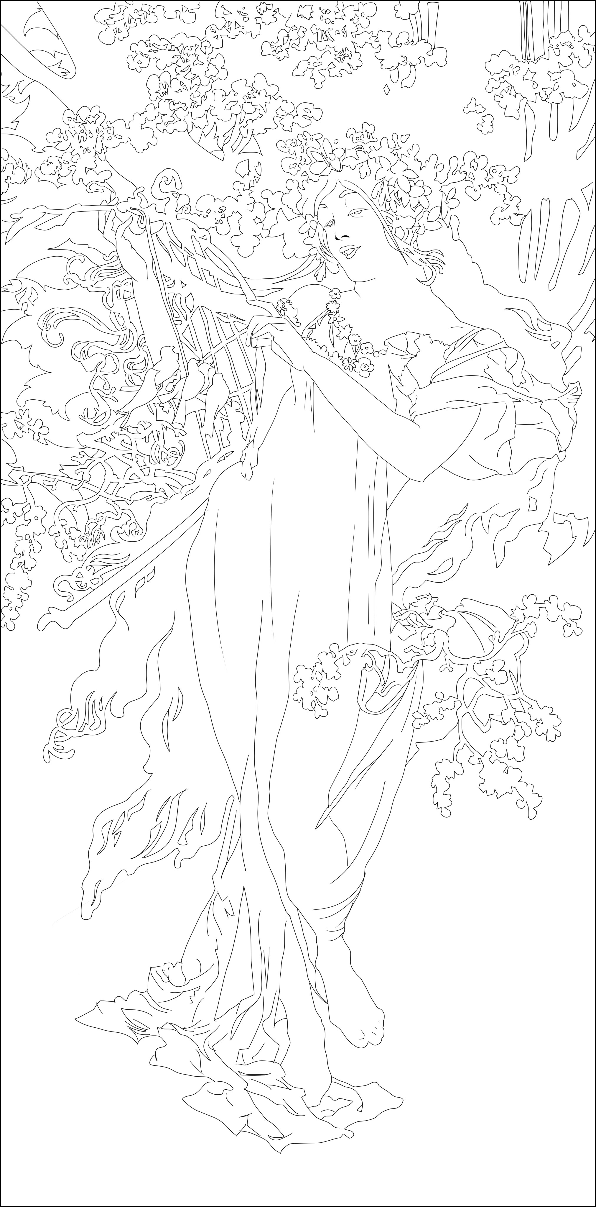 Malvorlage inspiriert von 'Printemps' von Alfons Mucha. Elegante Frau vom Anfang des Jahrhunderts, allein, aber umgeben von schöner Vegetation, Künstler : Ji. M