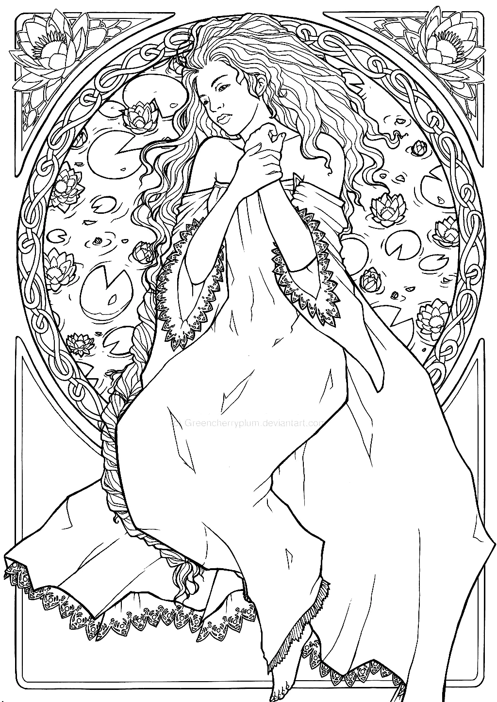 Zeichnung einer Frau in einem vom Jugendstil inspirierten Stil (Ausmalbild von Art nouveau zum Ausdrucken und Ausmalen für Erwachsene)