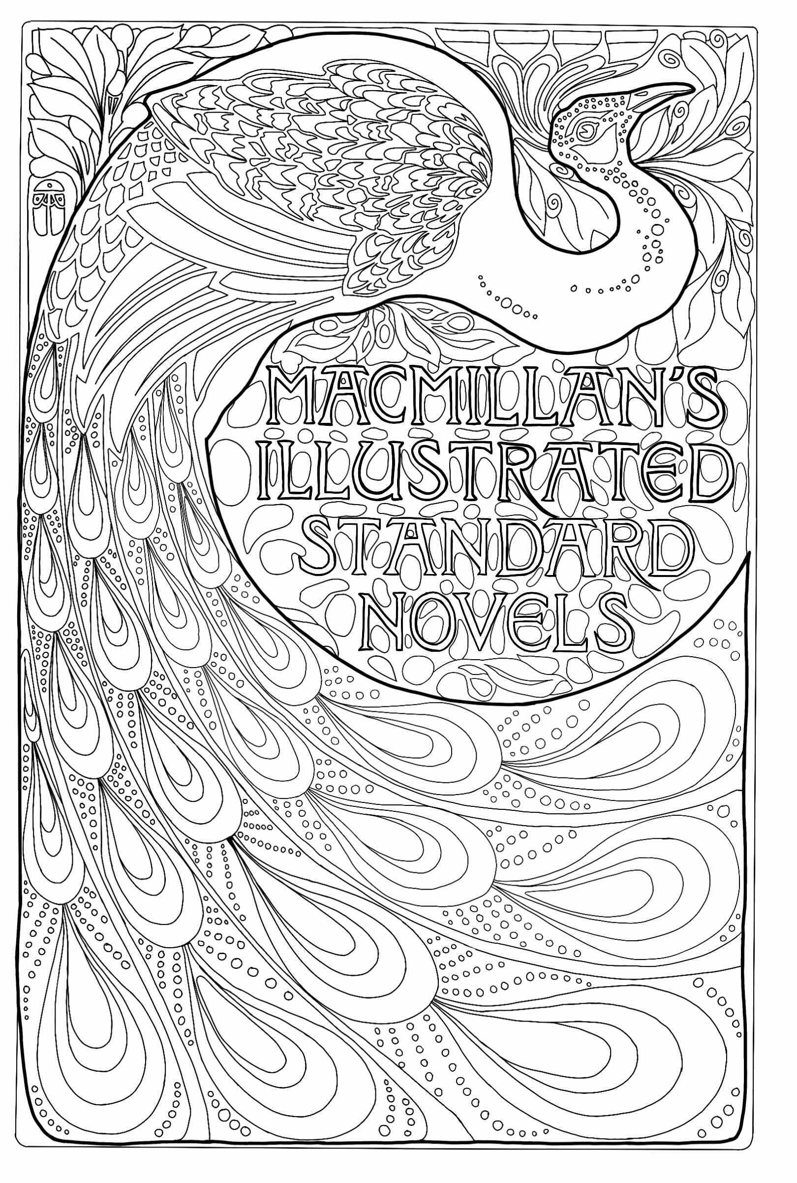 MacMillan's Illustrierte Standardromane: Jugendstil-Bucheinband mit Pfau (1896). Erstellt von Albert Angus Turbayne, amerikanischer Illustrator (1866, 1940).