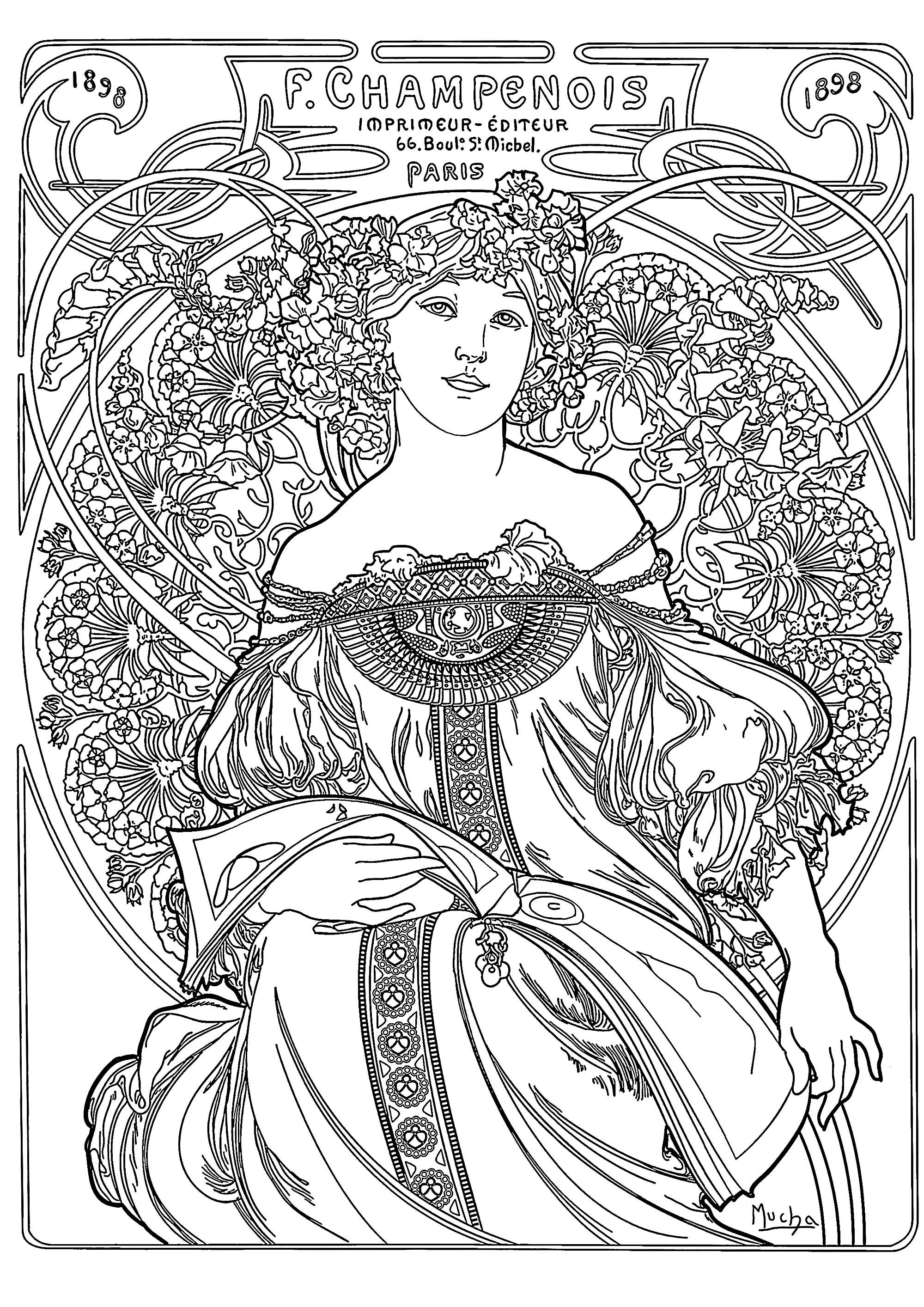 Kolorierung nach einem Werbeplakat von Alfons Mucha aus dem Jahr 1897 für die Pariser Druckerei Champenois. Dieses Kolorit zeigt eine Frau in einem langen, fließenden Kleid mit floralen Motiven, die sie in einer eleganten Kreisform umgeben.Wie bei allen Kreationen von Alfons Mucha sind die Details und Linien sehr fein und zart.Wir empfehlen Ihnen, Pastellfarben zu verwenden, um eine weiche, ruhige Atmosphäre in Ihrem Werk zu schaffen, Künstler : Art'Isabelle