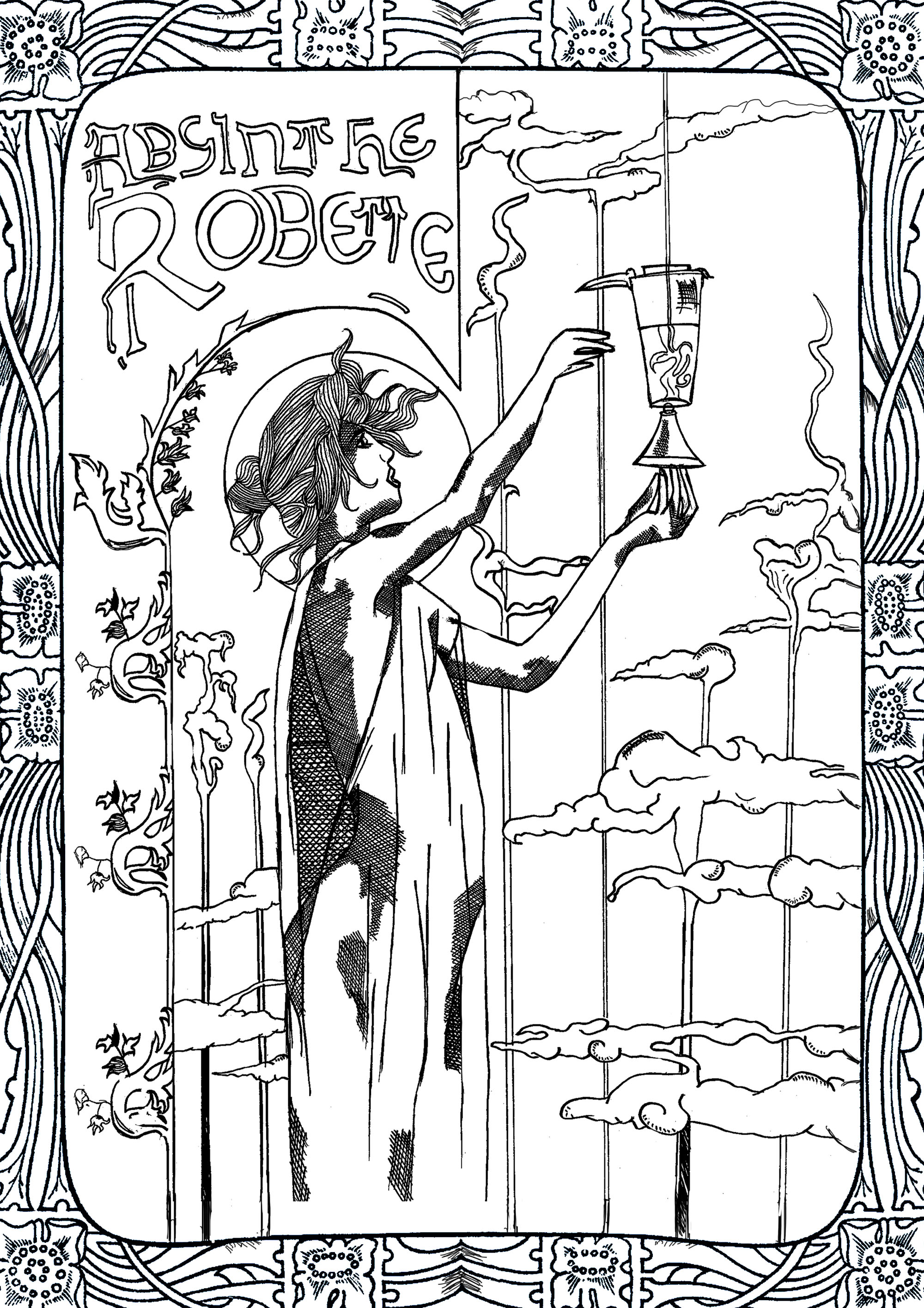 Eine Malvorlage, die von einer Absinth-Werbung inspiriert ist, die von Alphons Mucha geschaffen wurde