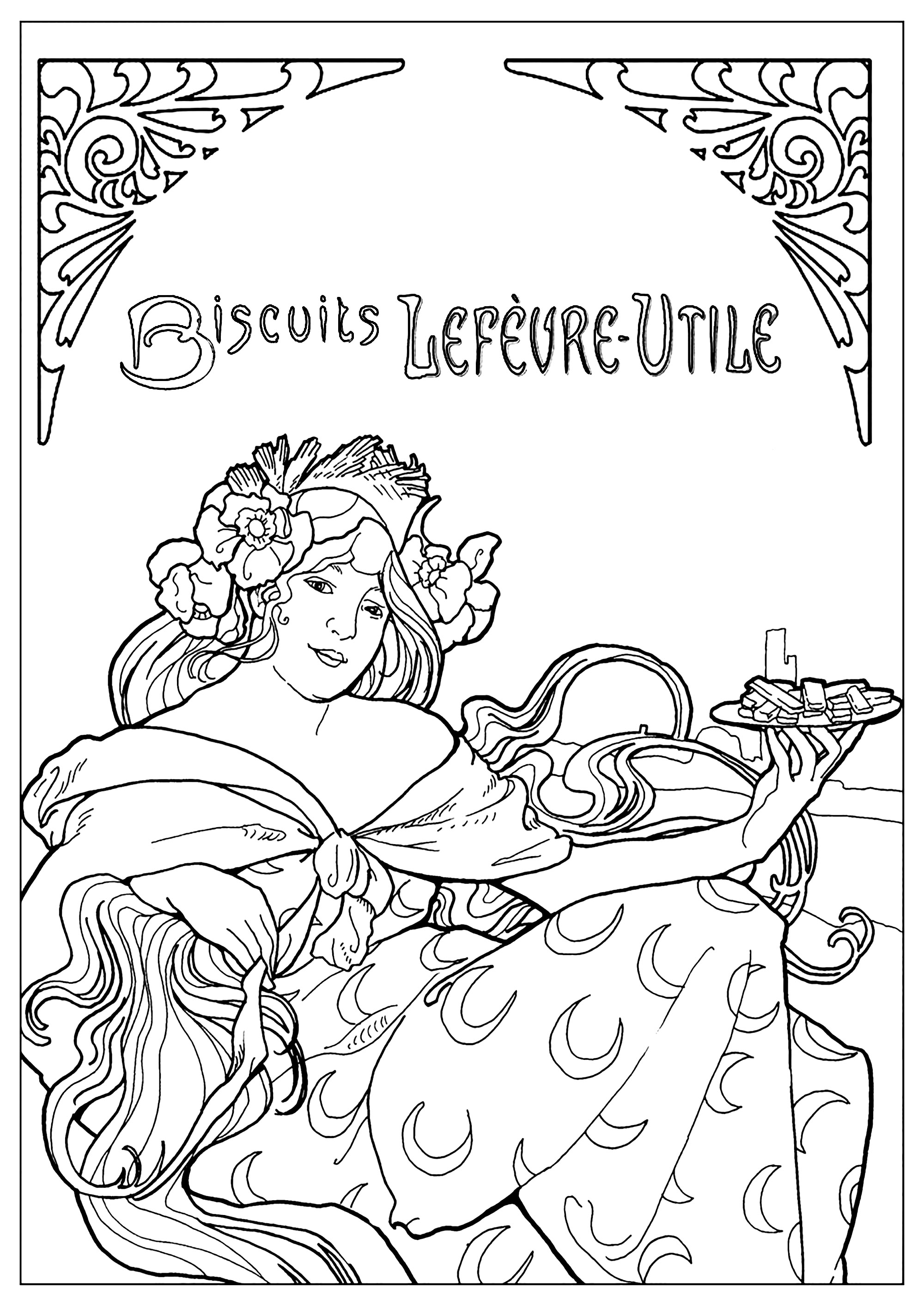 Ausmalblatt nach einem französischen Werbeplakat für Kekse Lefèvre-Utile (LU) von Alfons Mucha (1896). Dieses Plakat ist typisch für den Jugendstil. Ein Originalexemplar dieses Plakats ist im Carnavalet-Museum (Pariser Geschichtsmuseum, in Paris) zu sehen.