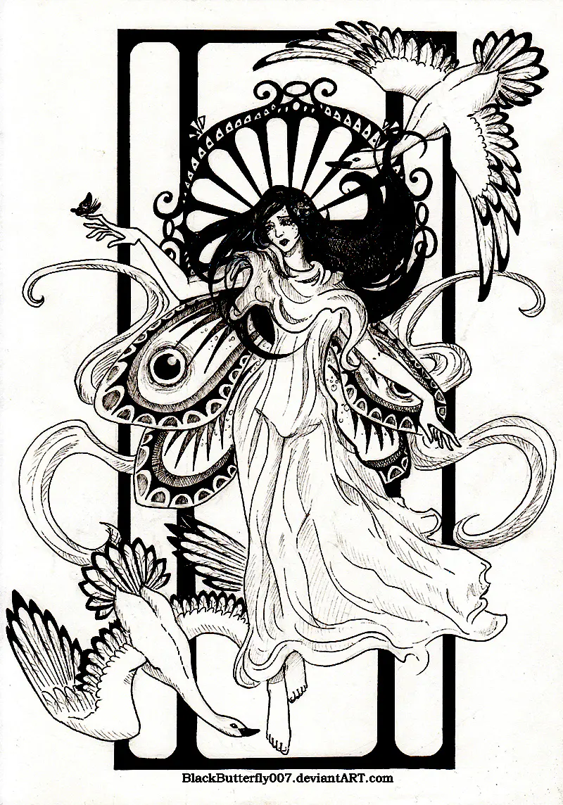 Frauen und Gänse (Ausmalbild von Art nouveau zum Ausdrucken und Ausmalen für Erwachsene)