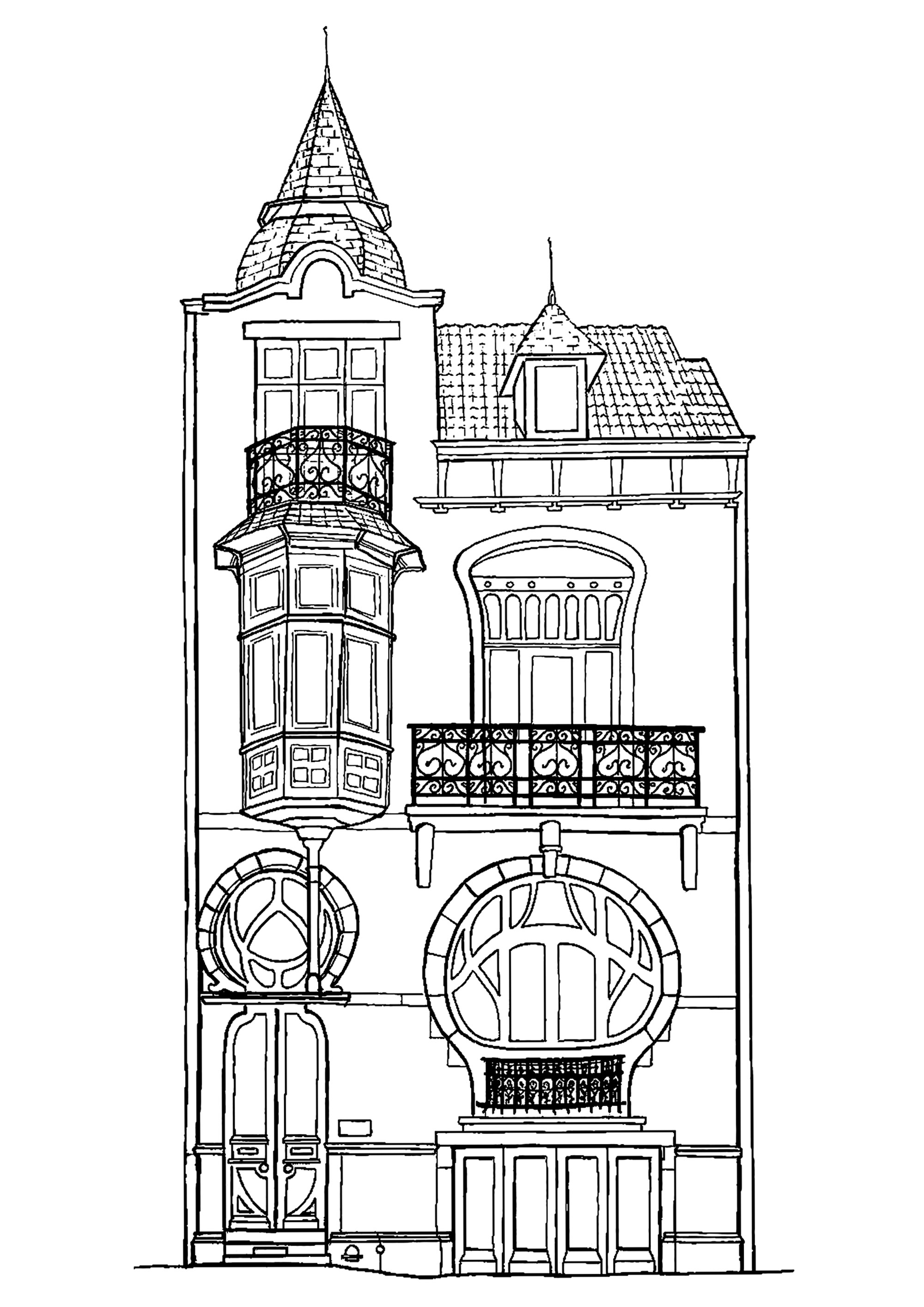 Jugendstilfassade in Tournai, Belgien (Place Victor Carbonnelle). Jugendstilhaus, das 1903 nach Plänen des Architekten Georges De Porre für den deutschen Juwelier Valentin Hoër erbaut wurde.Nach dem Zweiten Weltkrieg ging es in den Besitz des Tournaiser Architekten Walter Devaux über, der es renovierte, da das Haus während der beiden Weltkriege beschädigt worden war (vor allem von Tournaisiens selbst, die es plünderten, weil es einem Deutschen gehörte).Gezeichnet von Nicolas Liber