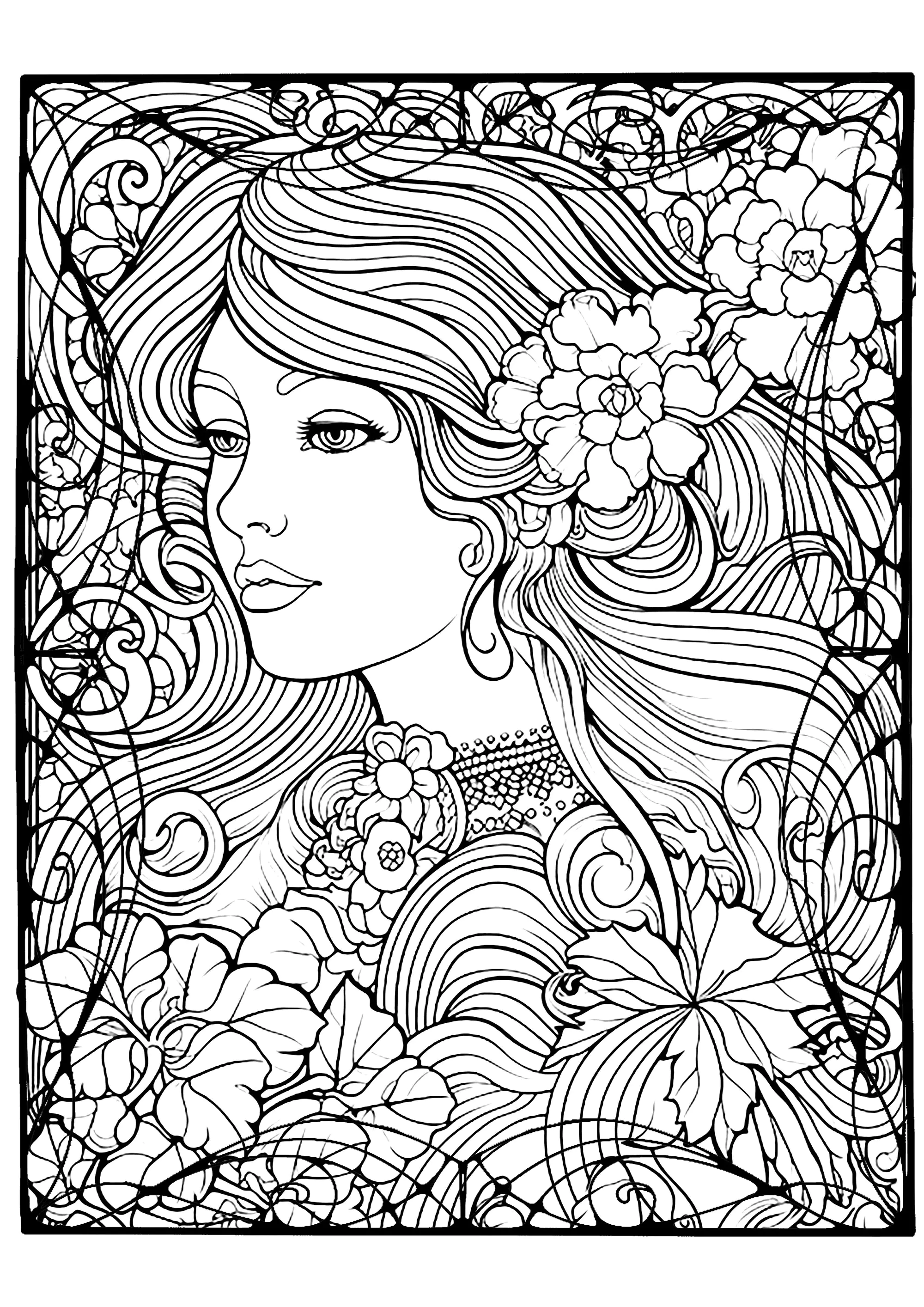 Elegante Frau mit hübschem Jugendstilrahmen (Ausmalbild von Art nouveau zum Ausdrucken und Ausmalen für Erwachsene)