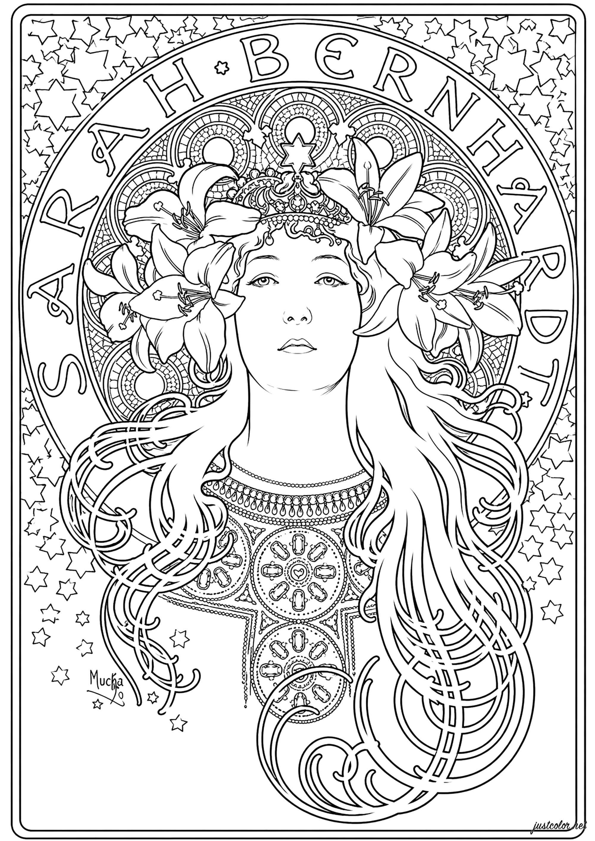 Sarah Bernhardt von Alphonse Mucha (1900) (Ausmalbild von Art nouveau zum Ausdrucken und Ausmalen für Erwachsene)