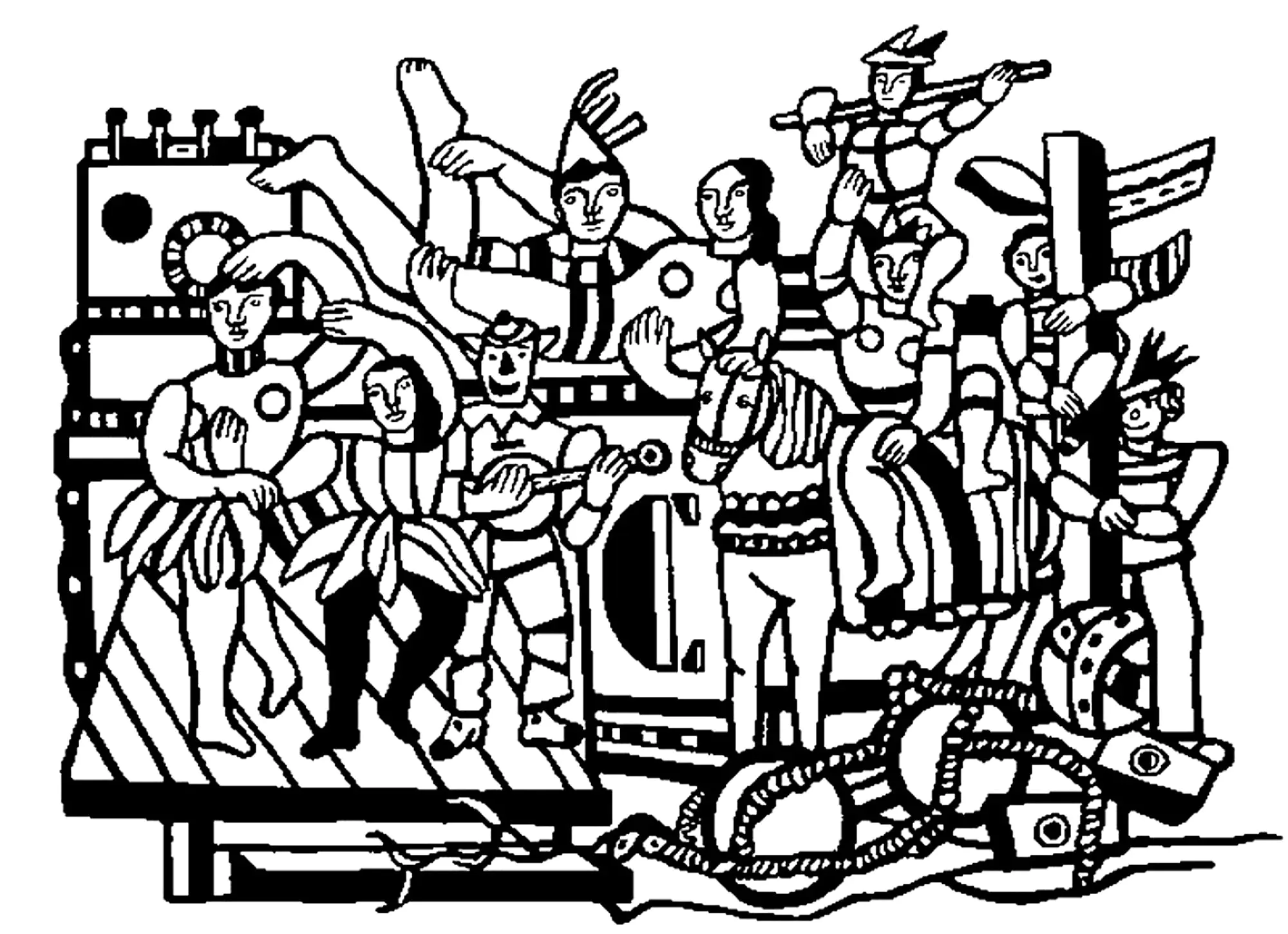 Fernand Léger: Die große Parade (Ausmalbild von Kunstwerk zum Ausdrucken und Ausmalen für Erwachsene)