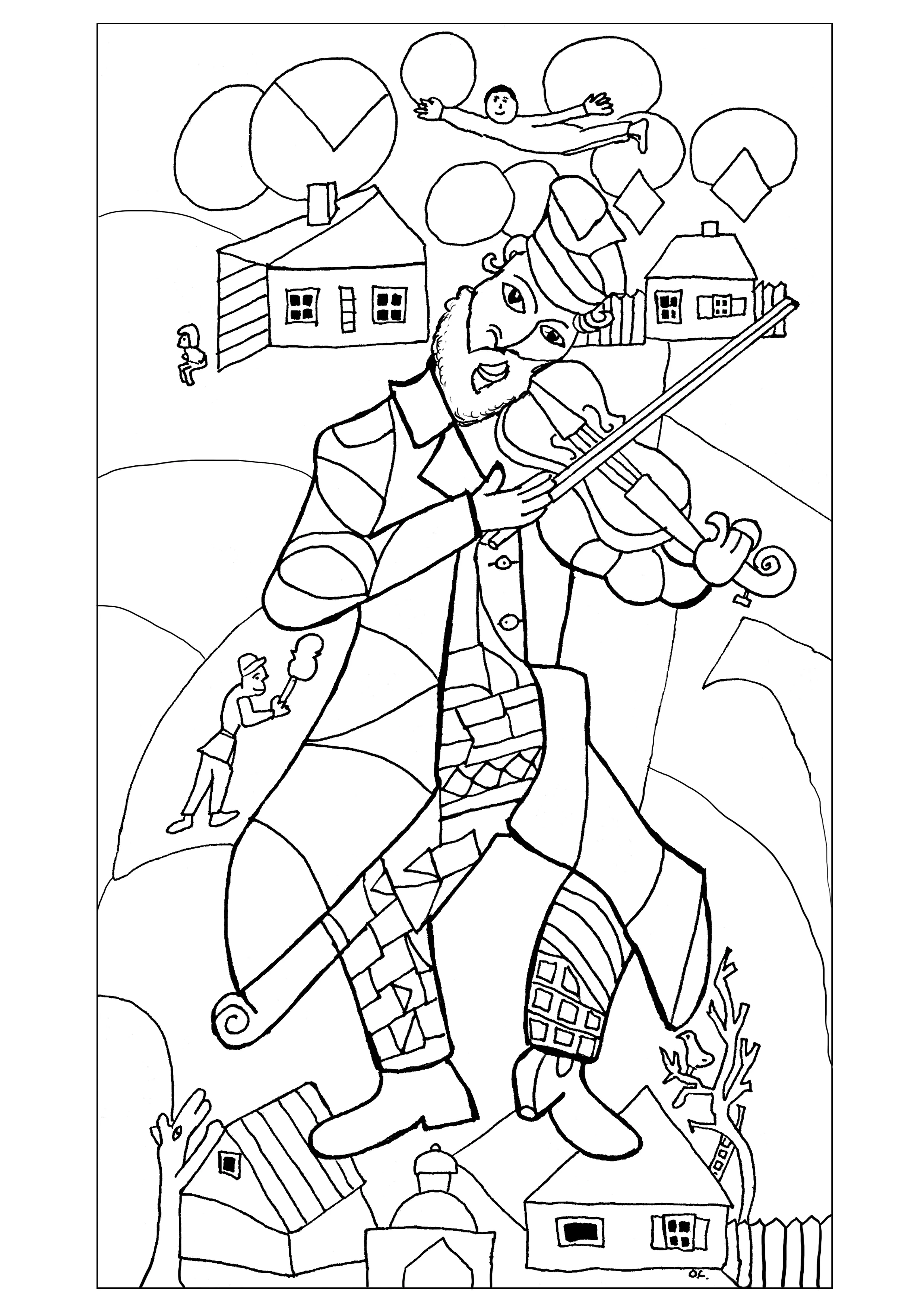 "Der grüne Geiger", von Marc Chagall (Ausmalbild von Kunstwerk zum Ausdrucken und Ausmalen für Erwachsene)