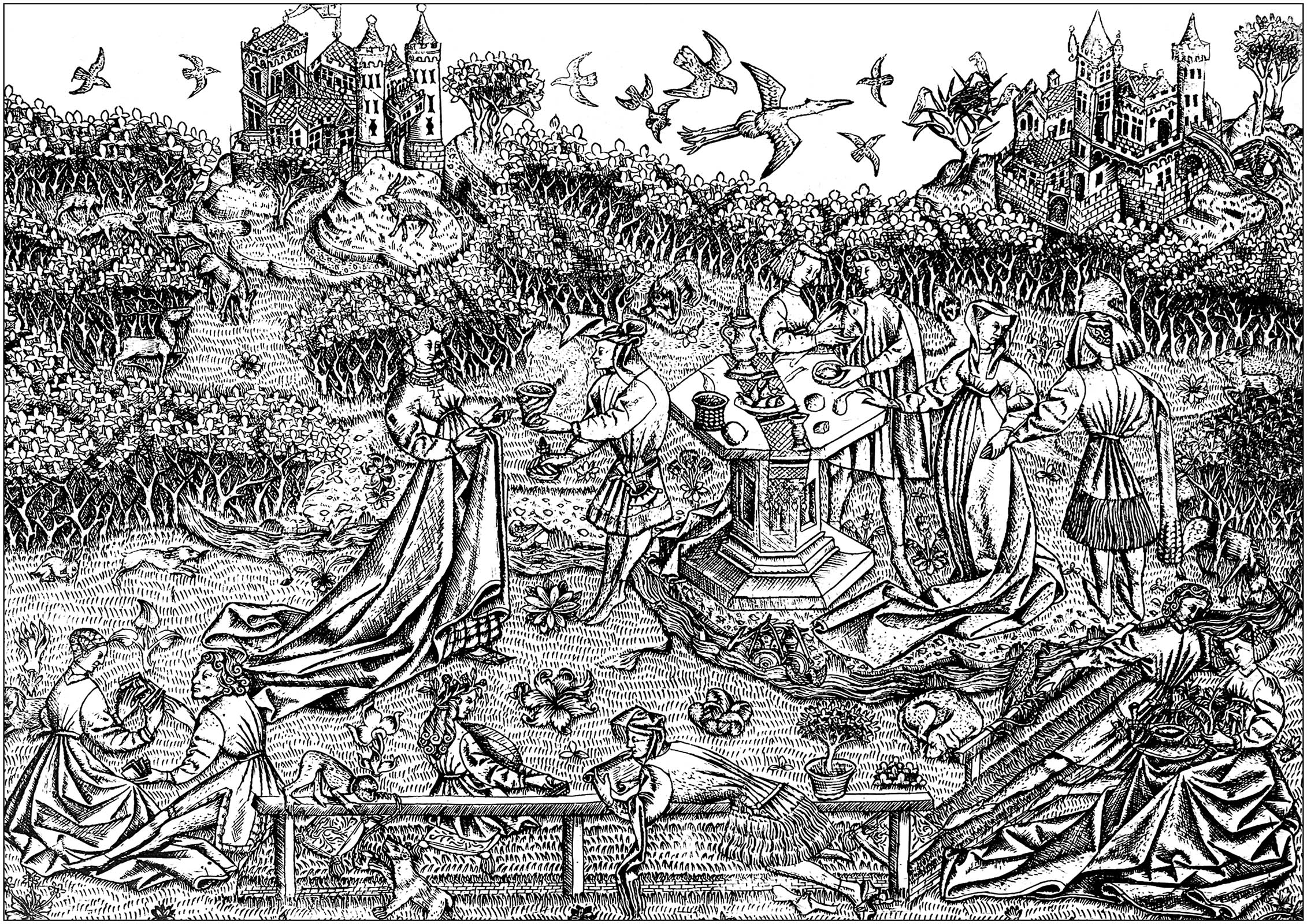 Kupferstich 'Meister der Liebesgärten (Der große Garten der Liebe)' von Jérôme (Hieronymus) Bosch (um 1450). Dieser Kupferstich ist in Berlin in den Staatlichen Museen zu sehen. Es ist fast die Originalzeichnung, die man ausmalen kann: nichts wurde verändert, außer den wenigen Spuren im Himmel!