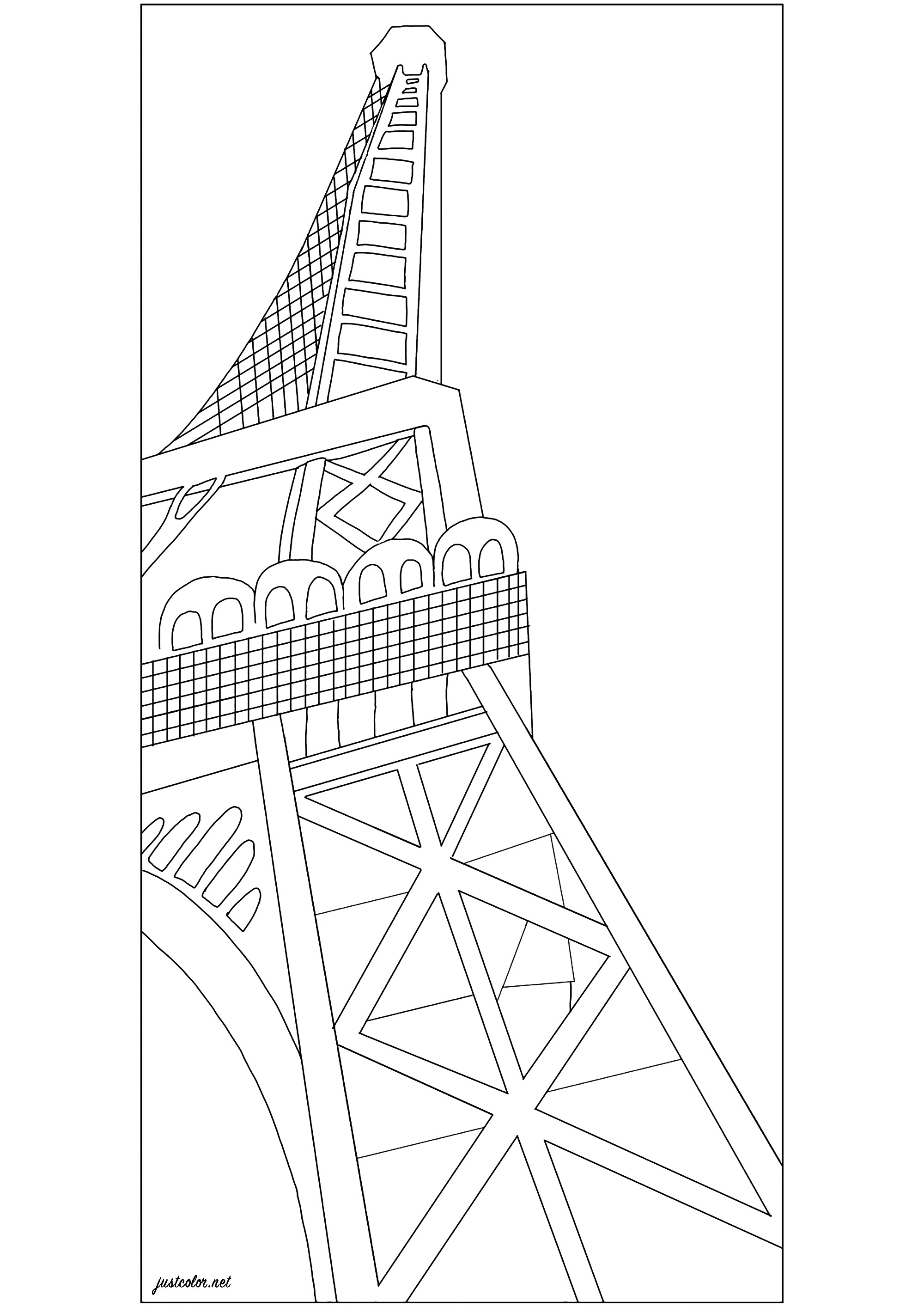 Ausmalbild nach dem Bild 'Der Eiffelturm' (1926) von Robert Delaunay. Der 1889 von Gustave Eiffel erbaute Eiffelturm wurde zu einem Symbol der Moderne, das den Maler Robert Delaunay faszinierte. Nachdem er ihn Anfang der 1910er Jahre in einer großen kubistischen Serie zerlegt hatte, verherrlichte der Künstler ihn mit extravaganten Farben und einem starken Untersichtseffekt, der von den Fotografen dieser Zeit oft übernommen wurde, Künstler : Jade F