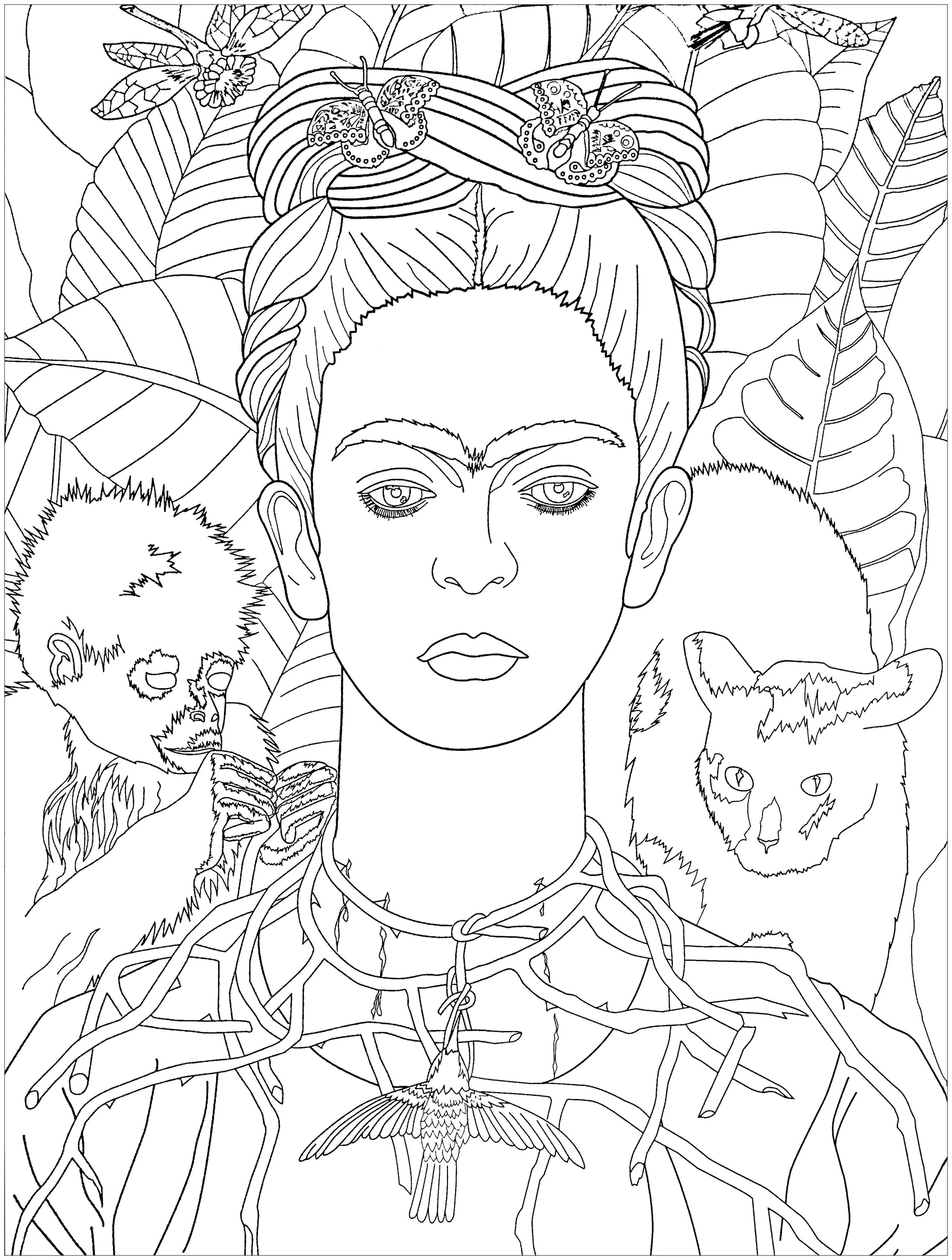 Frida Kahlo - Selbstbildnis mit Dornenhalskette und Kolibri (1940) - Feinstrichversion (Ausmalbild von Kunstwerk zum Ausdrucken und Ausmalen für Erwachsene)