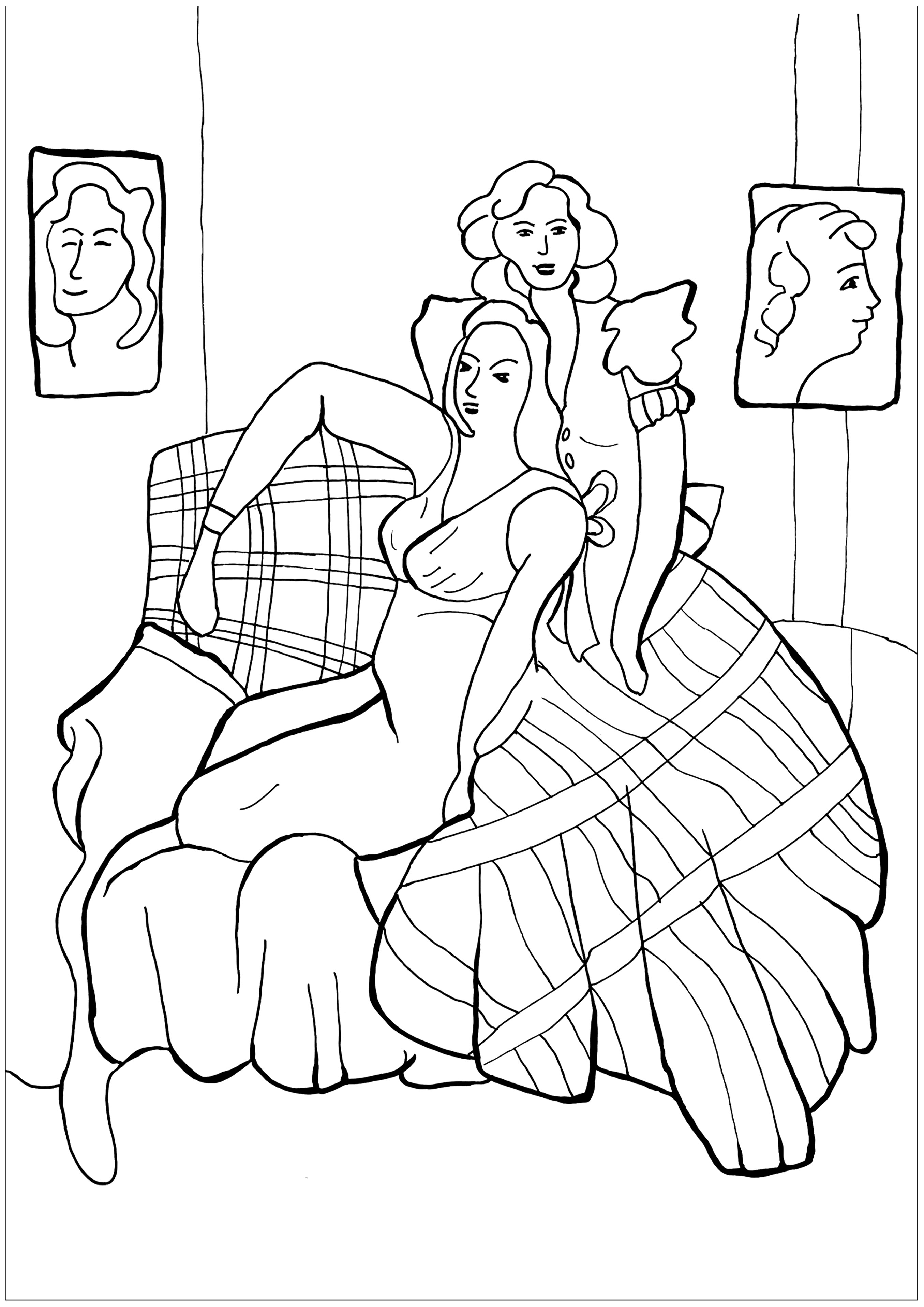 Malvorlage zum Gemälde 'Zwei junge Frauen, das gelbe Kleid und das schottische Kleid' (1941) von Henri Matisse.  Matisse wird oft als der bedeutendste französische Maler des 20. Jahrhunderts angesehen. Jahrhunderts. Als Meister der höchsten Dekoration und des ausdrucksstarken Einsatzes von Farben veränderte er mit seinen visionären Experimenten in verschiedenen Malstilen - von seinen impressionistischen häuslichen und figurativen Motiven bis hin zu seinen abstrakten Ausschnitten - unsere Wahrnehmung der Welt.